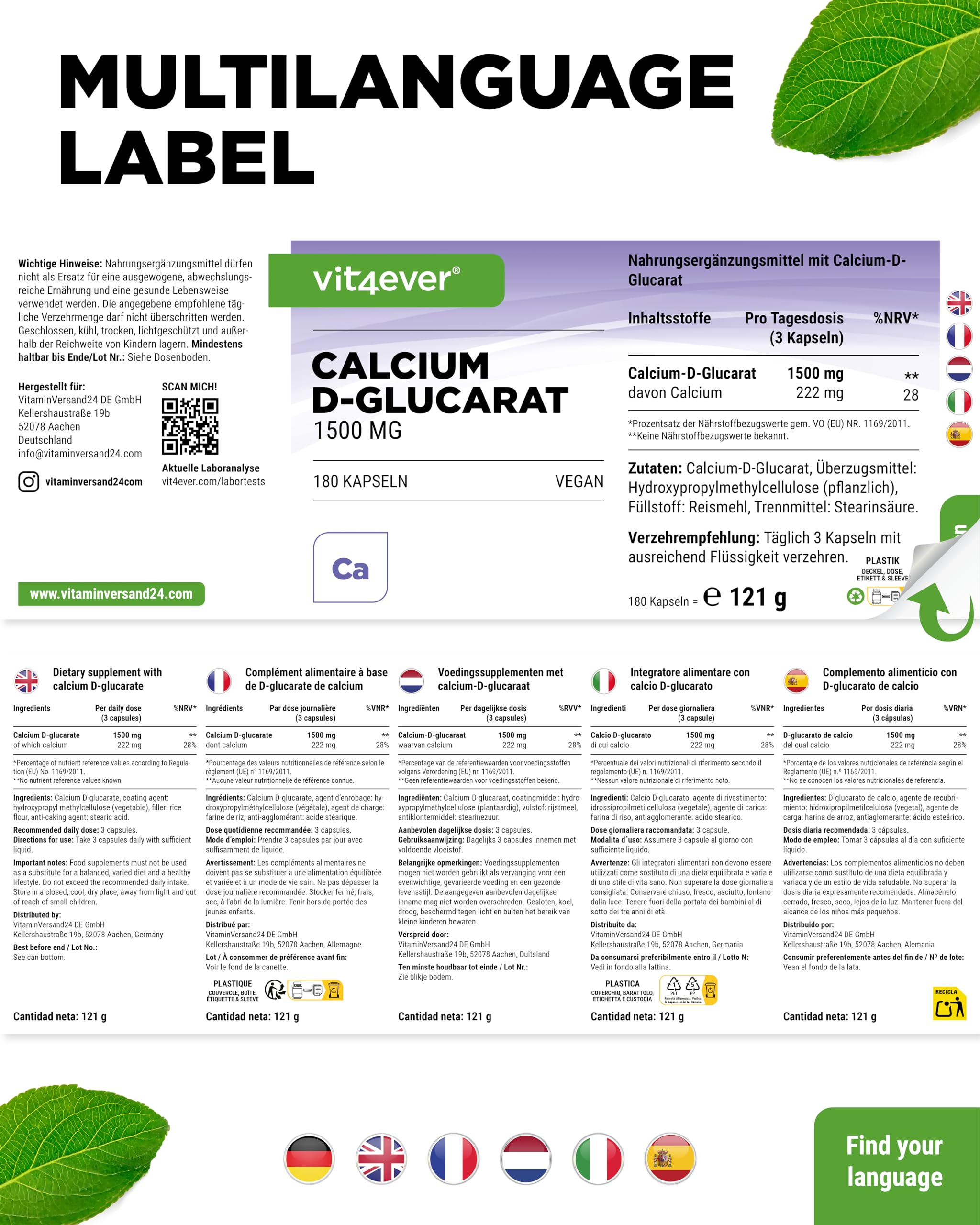 vit4ever Calcium-D-Glucarat - 180 Kapseln - 1500 mg pro Tagesdosis | 2 Monate Vorrat, 222 mg Calcium (28 % NRV), vegan & ohne Zusätze