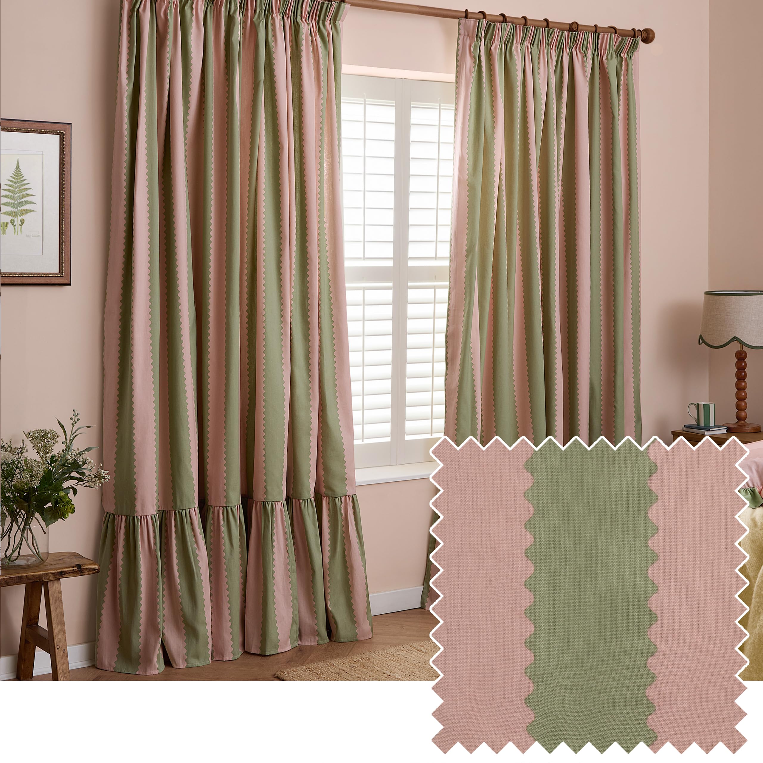 Furn. Pink/Green Wylder Birdie Stripe Pencil Pleat Curtain Pair – Ruffled Cotton Striped Room Darkening Curtains ( – Width 117 X Drop 137Cm)