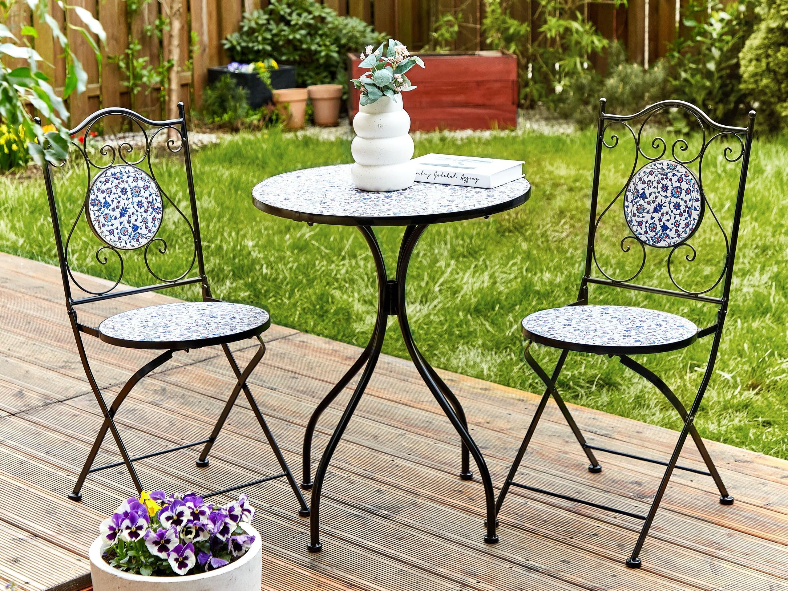 Beliani Conjunto de balcón jardín Exterior Metal Estilo Vintage patrón Mosaico Estructura de Hierro Negro Azul Camprena