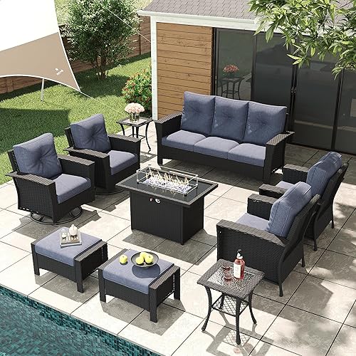 10 Piece Wicker Patio Furniture Set with Fire Pit Table,
