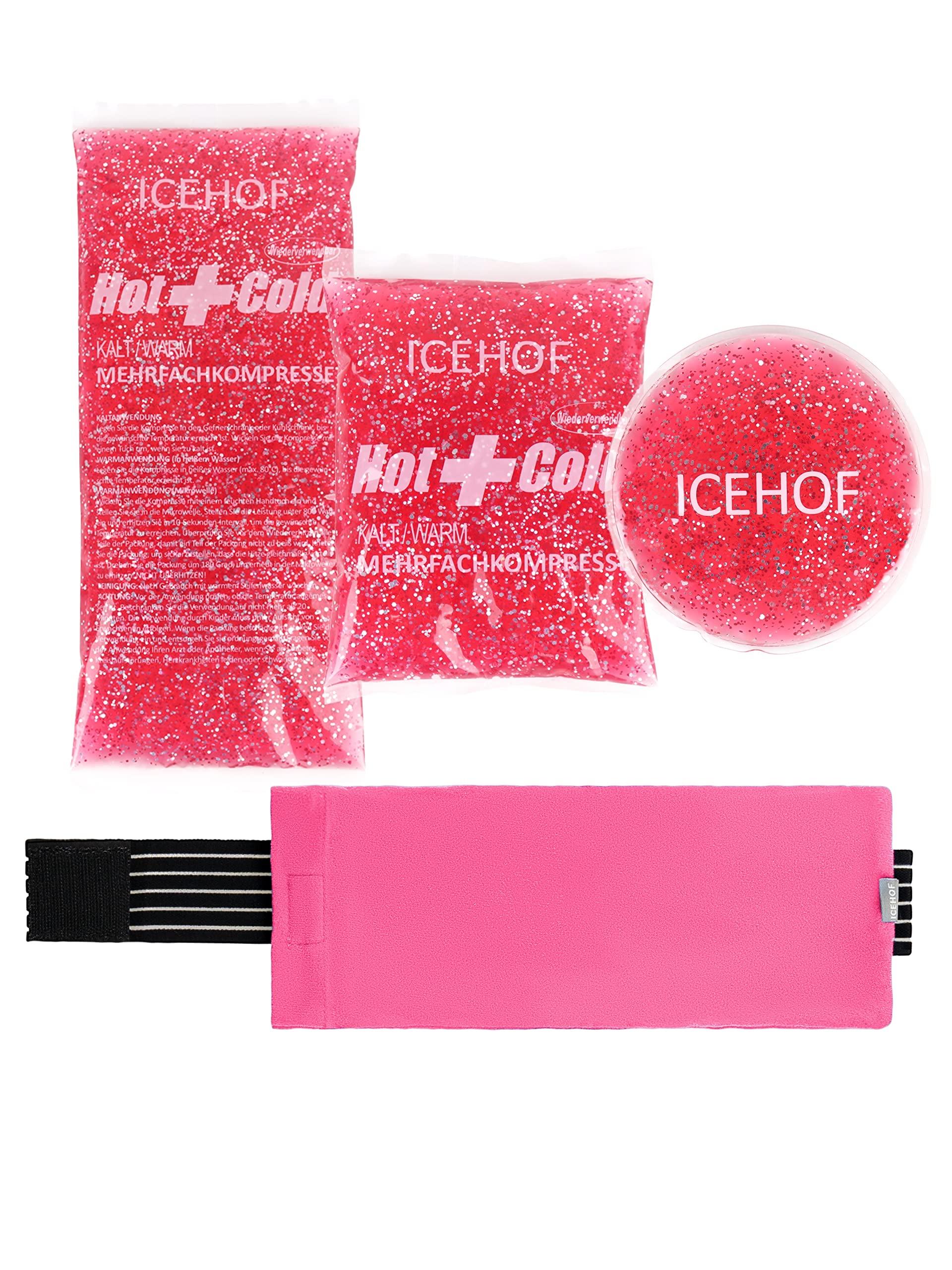 ICEHOF Kühlpads (3x) mit Vlies-Hülle - Inkl. Klettband - Kuschelweich, lange Kühldauer, Kühlpack Gel Glitzer Pink Rosa Kühlgel Kühlkompresse Kühlkompressen Kühlbeutel Eisbeutel Kältekompresse