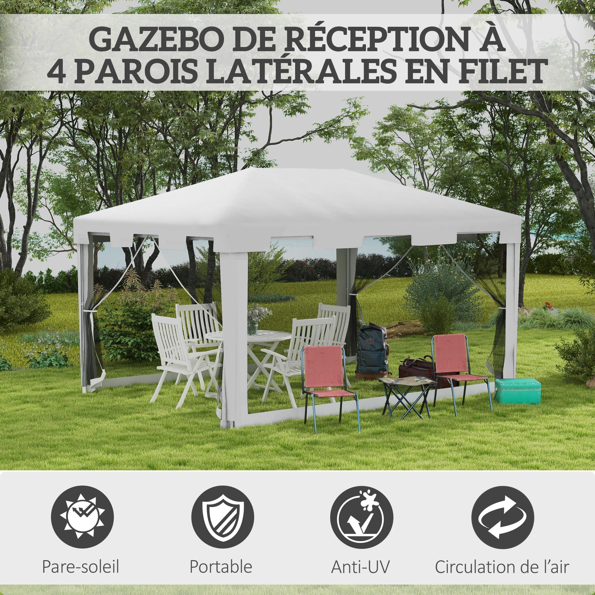 Outsunny Tonnelle de Jardin 3 x 4 m Parois en Maille 2 Portes Blanc