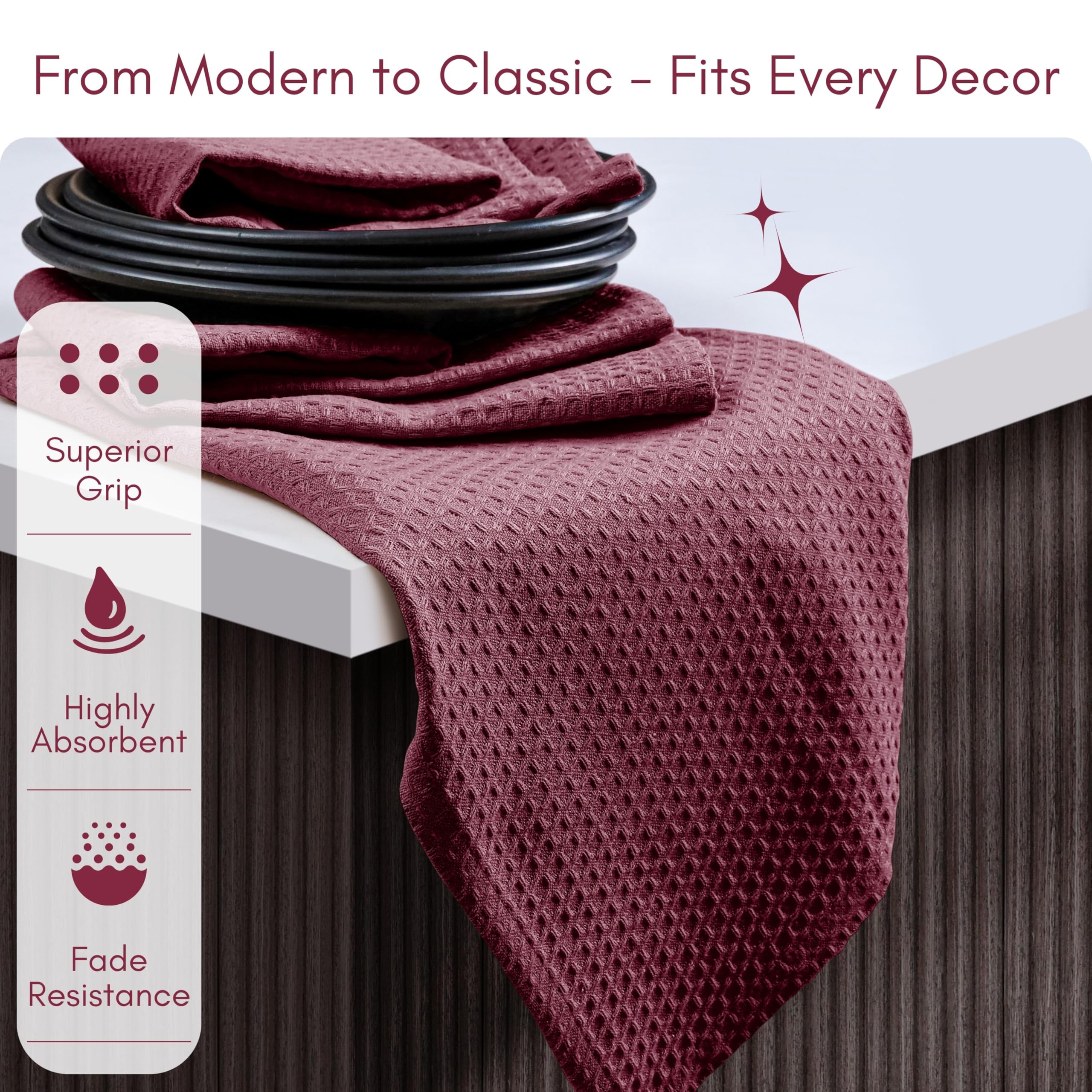 TWINY threads Juego de 6 toallas de cocina 100% algodón macizas con lazo para colgar (16 x 26 pulgadas), paño de tejido de gofre Dobby ultra absorbente, reutilizables, lavables a máquina, vino burdeos