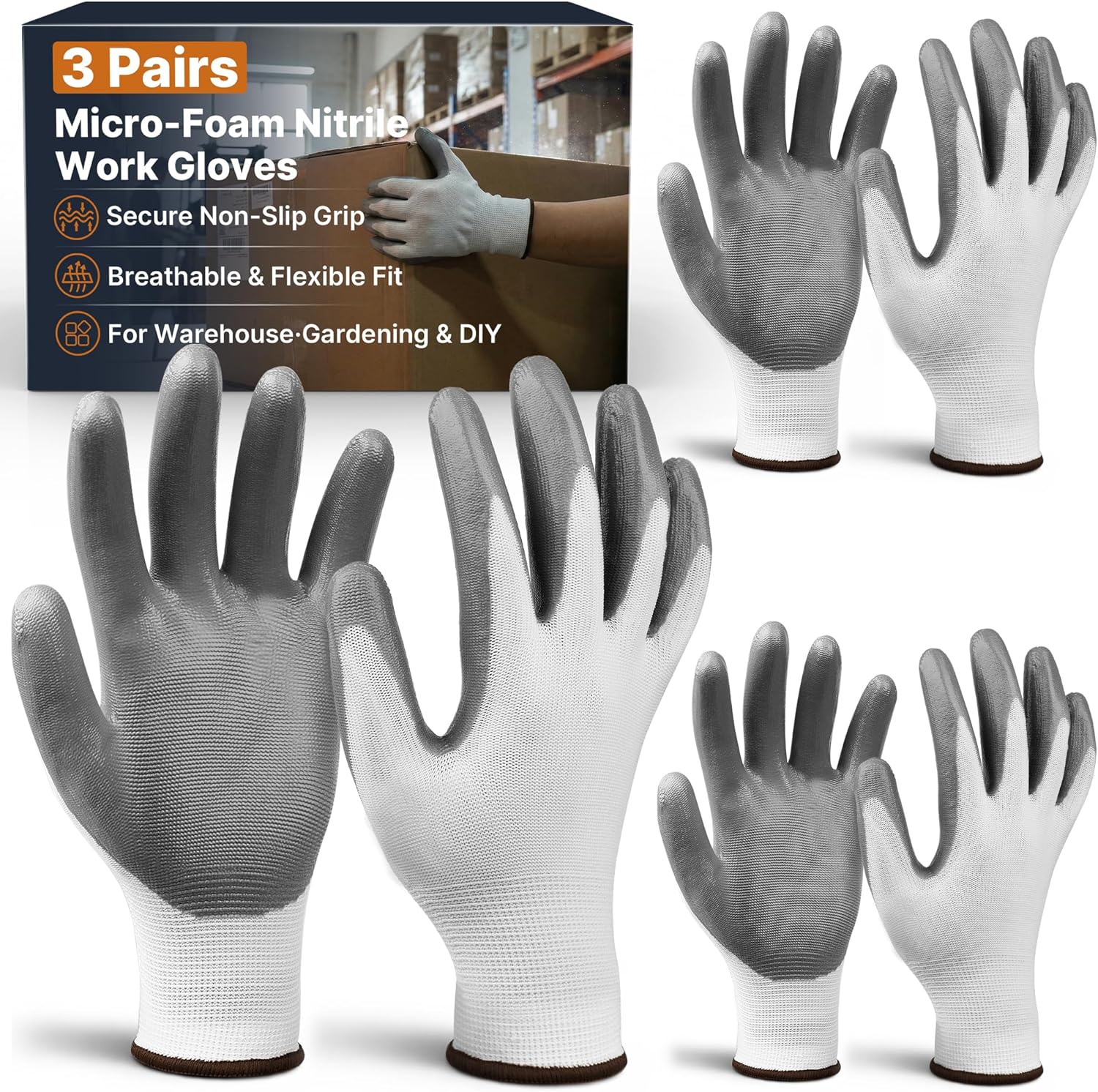 Work Gloves, 3 Pairs - Nitrile Coated Non-Slip Grip Working Gloves for Men & Women, Lightweight Breathable 13-Gauge Nylon Knit for Warehouse, Gardening, Automotive & DIY Work (Large)