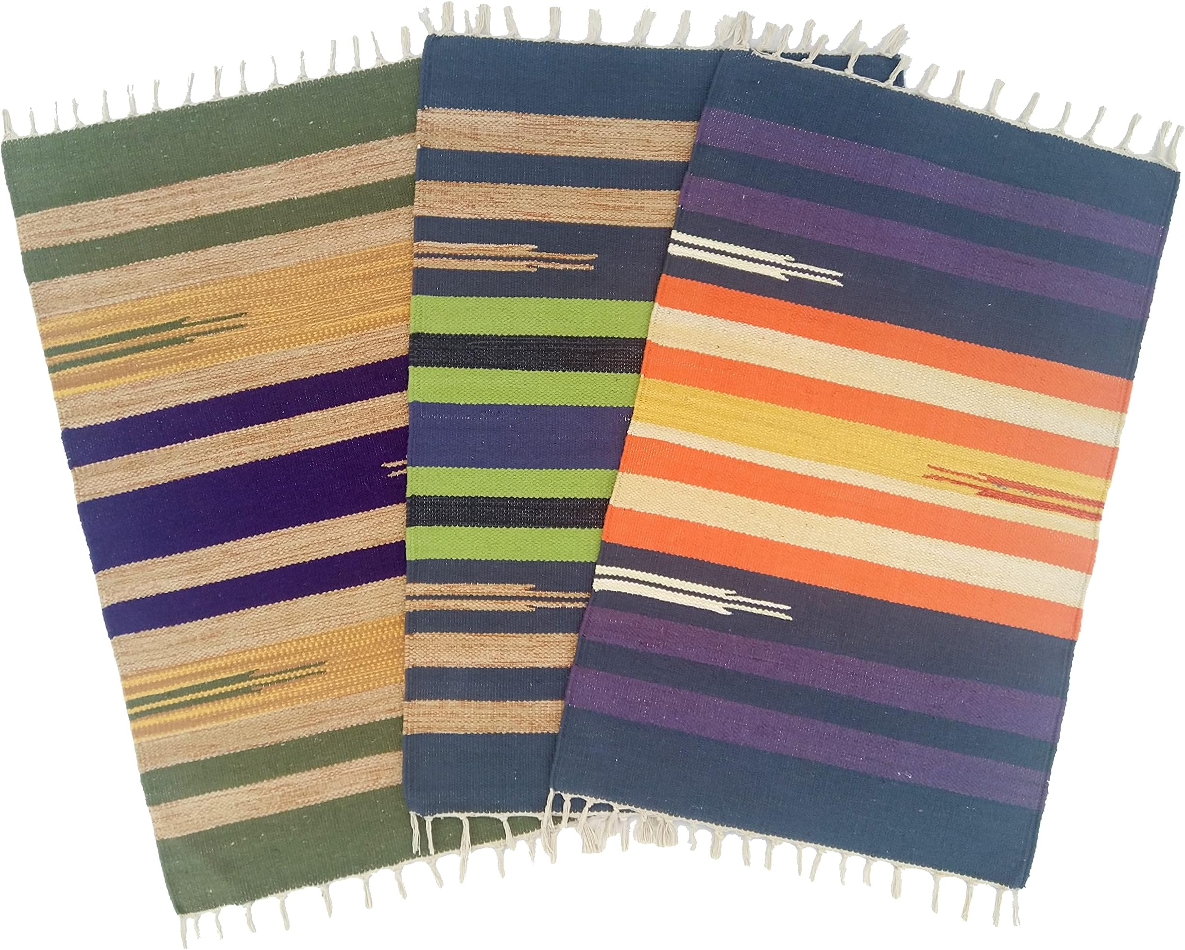 H2H Rectangular Door Mat, Cotton, 3Pc. Combo, Traditional Kilim Design|Solid Shade - Multicolored, Size (50X80Cm) - Side Fringes