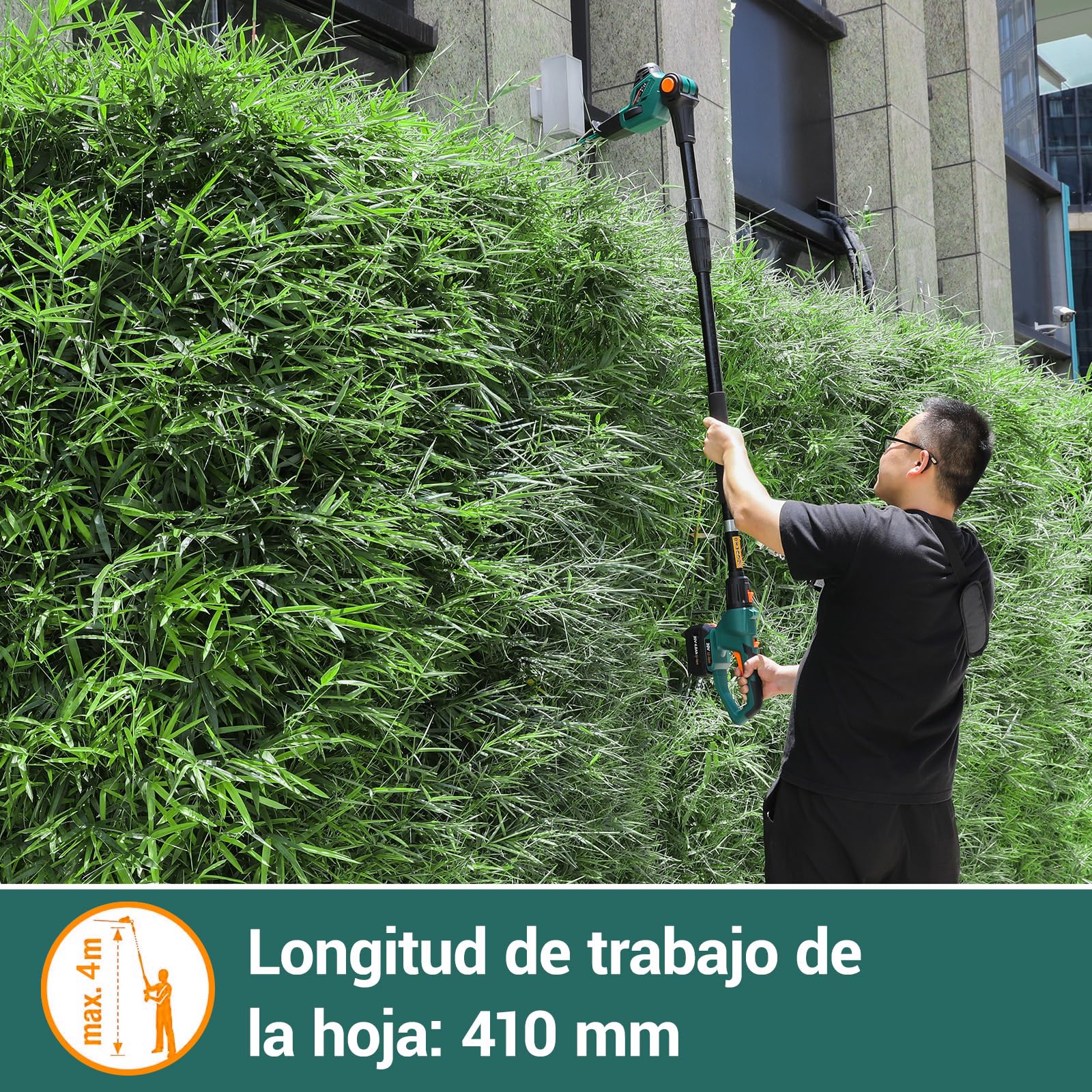 Cortasetos telescópico inalámbrico, Cortasetos inalámbrico, con batería/Cargador de Iones de Litio de 20 V y 4,0 Ah, Longitud de Hoja de 45 cm, Mango Principal Giratorio, Engranaje de Metal