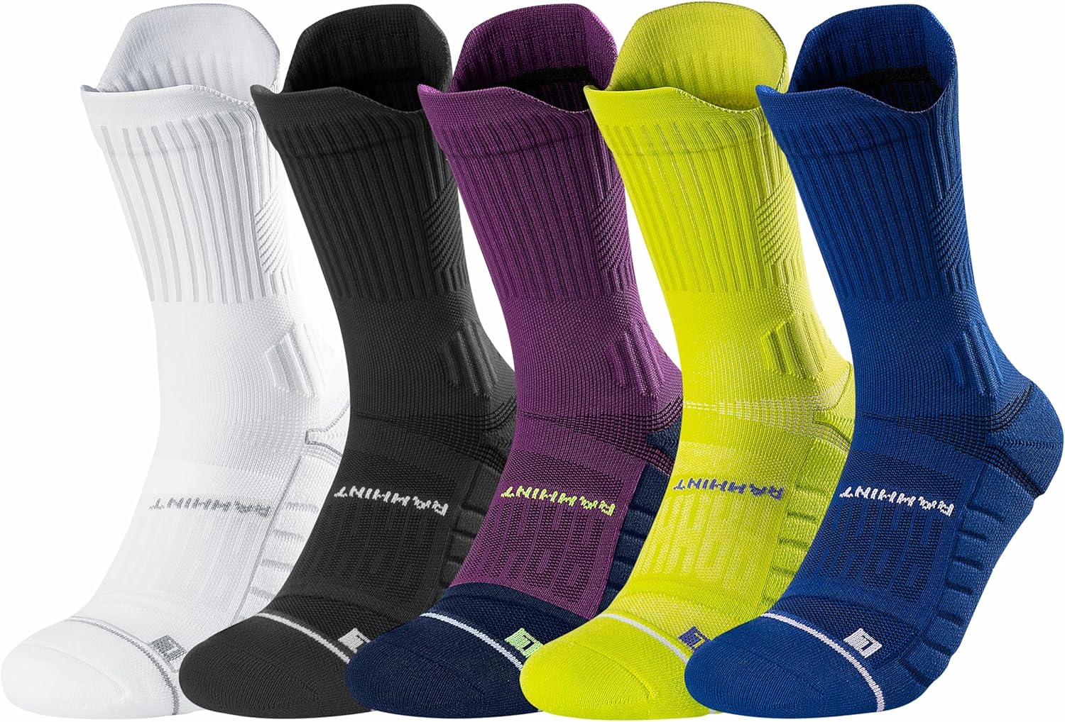Rahhint Compression Running Socks 5 Pairs, Cushion Crew Socks, Moisture Wicking Anti-Blister Athletic Hiking Socks