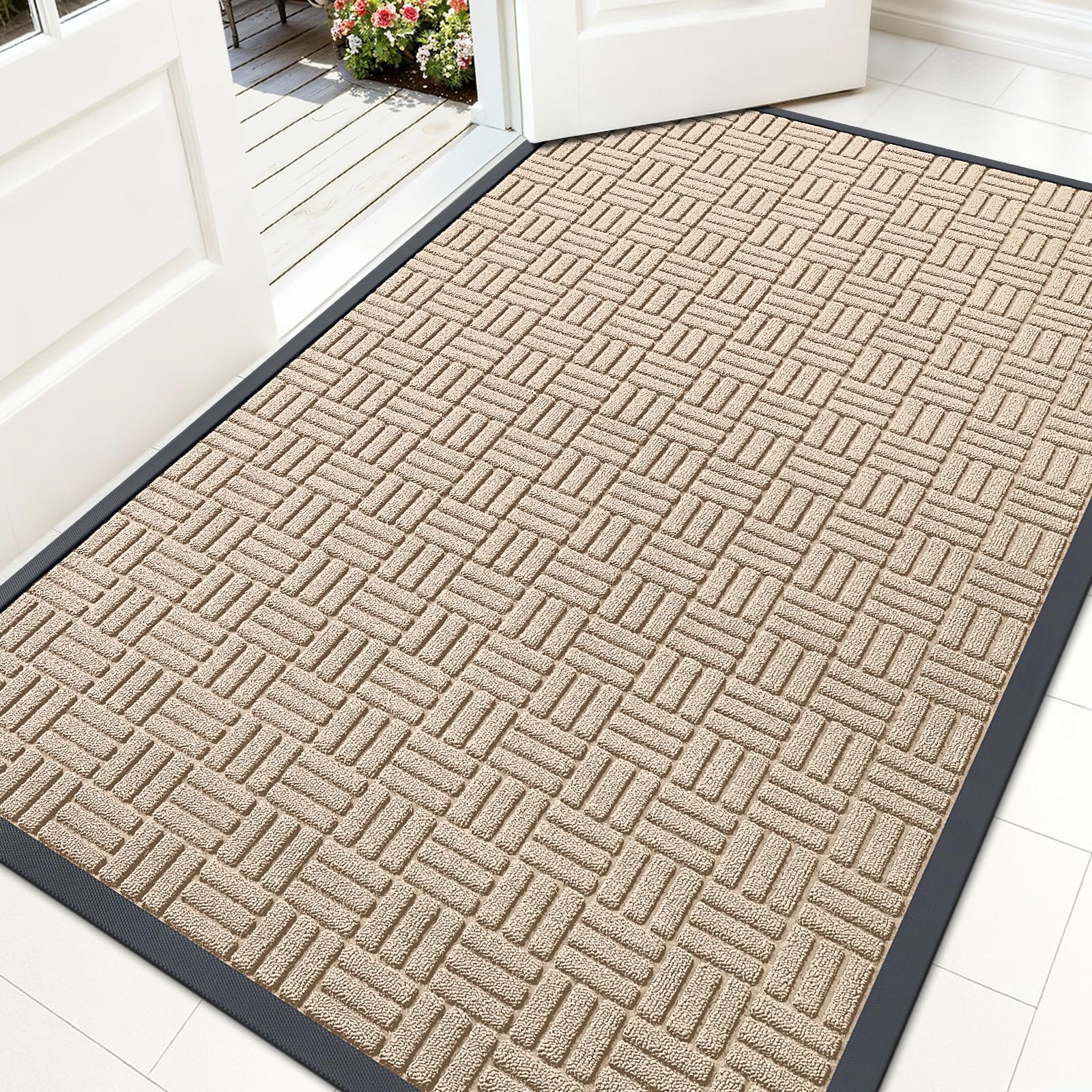 OLANLY Front Door Mat Outside Entrance 59x34, Heavy-Duty Rubber Doormat | Latte White, Stain and Fade Resistant, Non-Slip Backing, Low-Profile Indoor Outdoor Floor Mat for Entryway, Easy to Clean