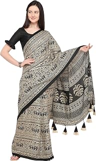 Women's Khadi Silk Cotton Kalamkari Print Saree With Blouse Piece (Beige & Black), Black & Beige, 5.5 Mtrs
