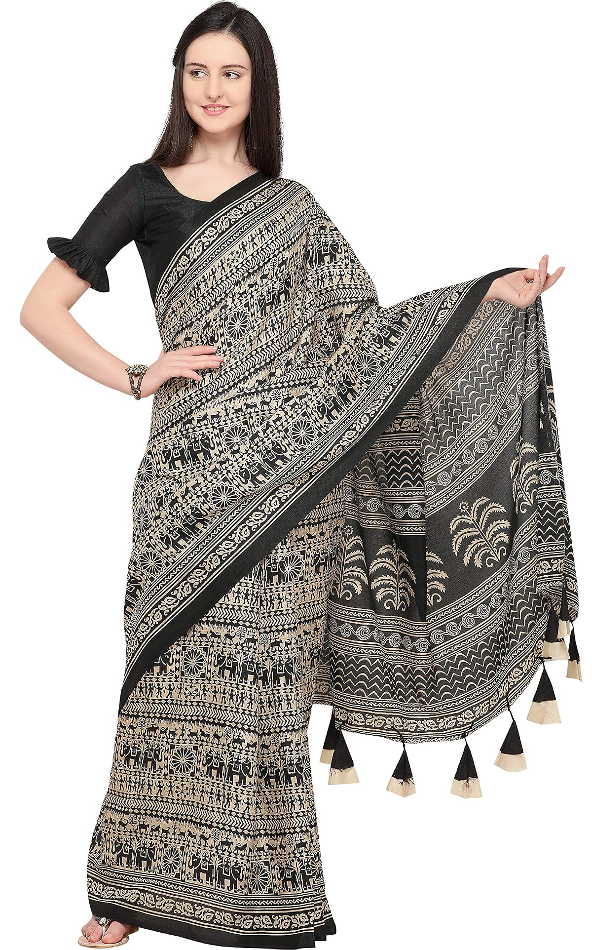 EthnicJunction Women's Silk Cotton Kalamkari Print Saree With Blouse Piece
