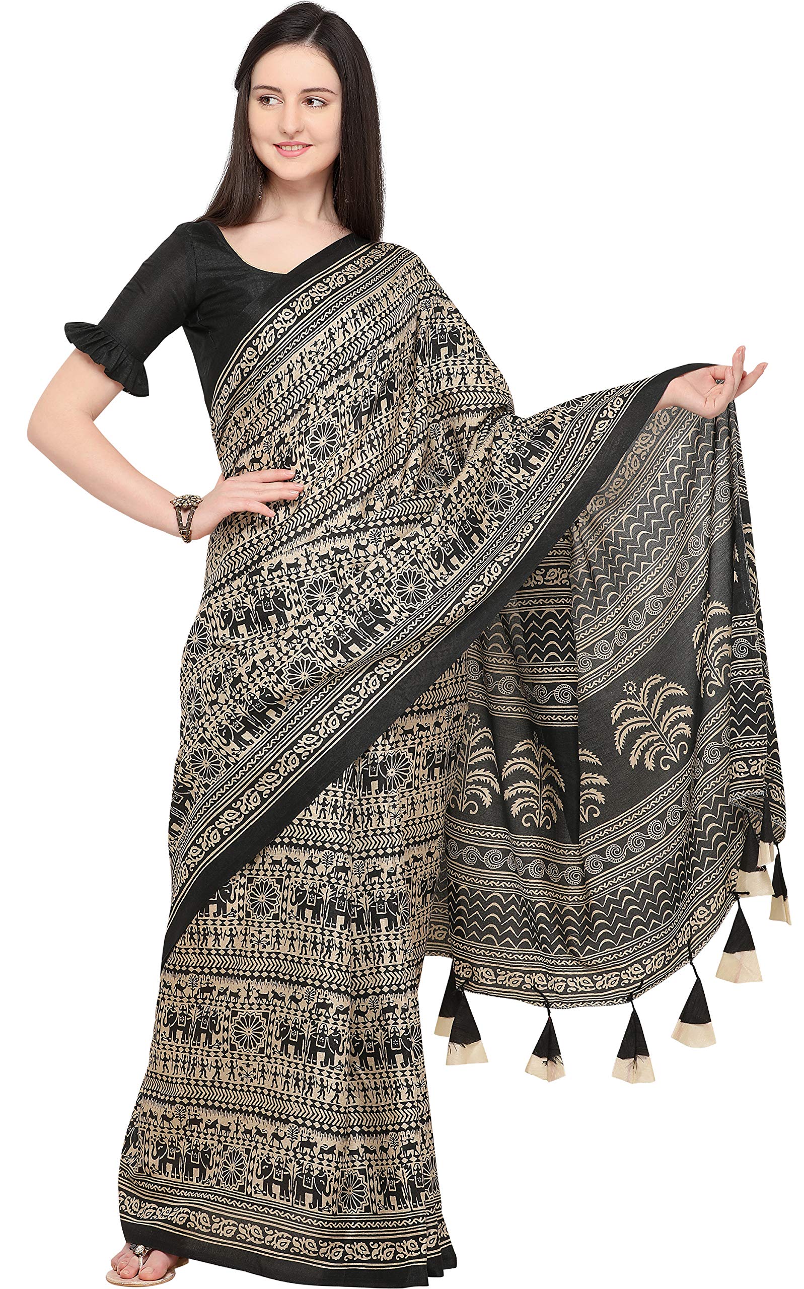 EthnicJunction Women's Silk Cotton Kalamkari Print Saree With Blouse Piece (EJ1201-16001-Black)