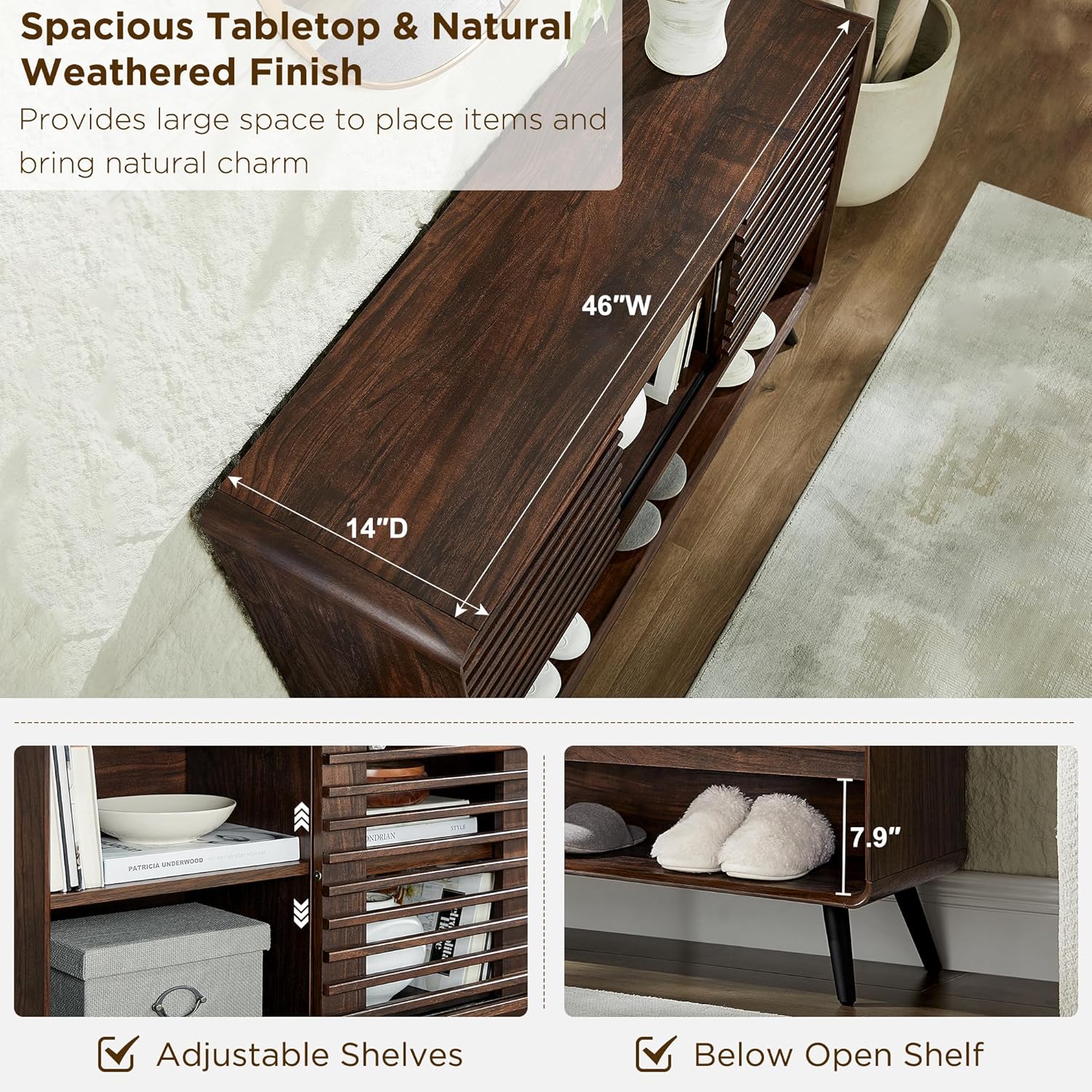 RedLemon entryway table showing adjustable shelves and an open bottom shelf with shoes.