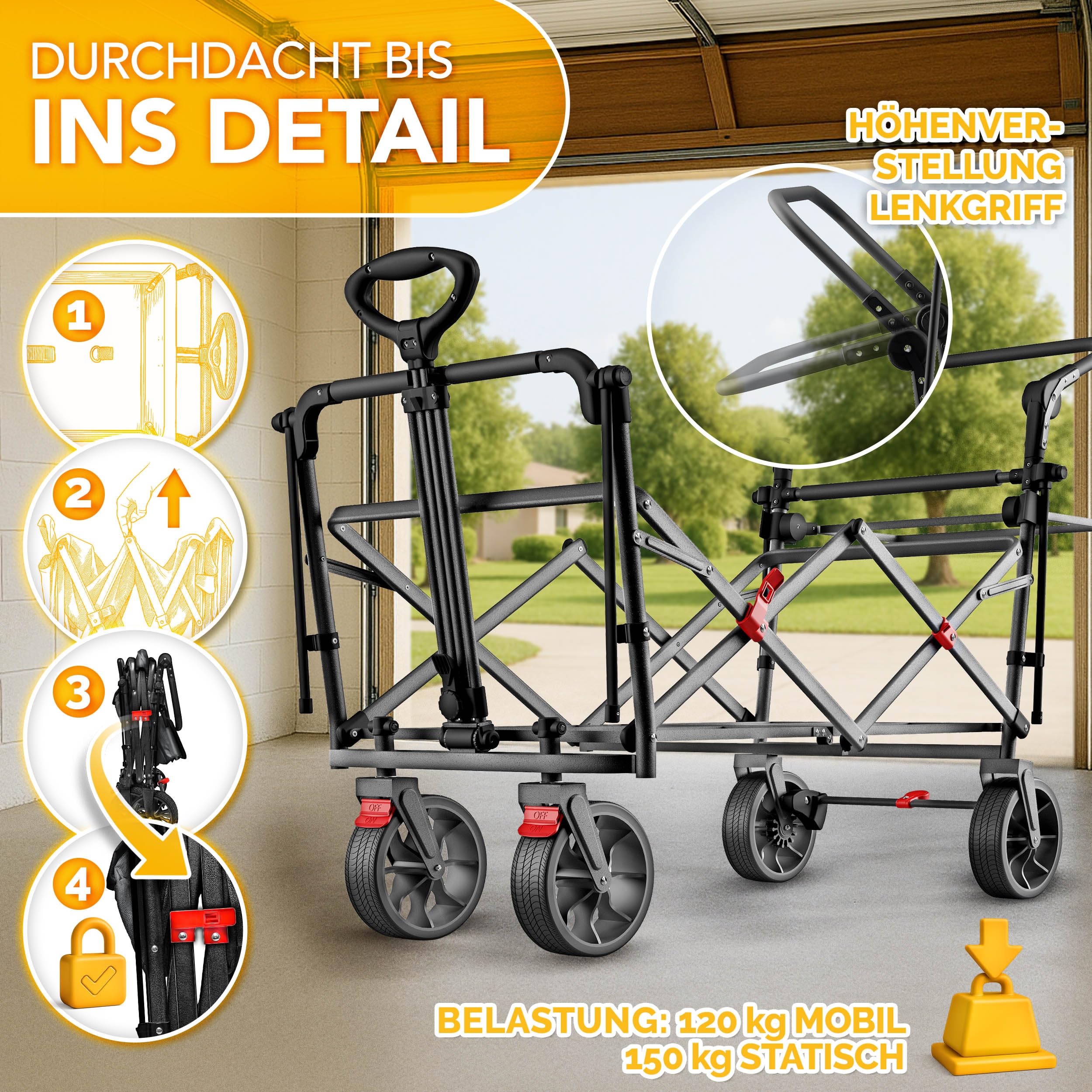 TRESKO® Bollerwagen Faltbar mit Dach, Kühlfach & Seitenrollos | Handwagen max. belastbar bis 150kg | Transportwagen mit Vollgummireifen & Feststellbremsen (Vorne & Hinten) und 3-Punkt-Gurt (Anthrazit)