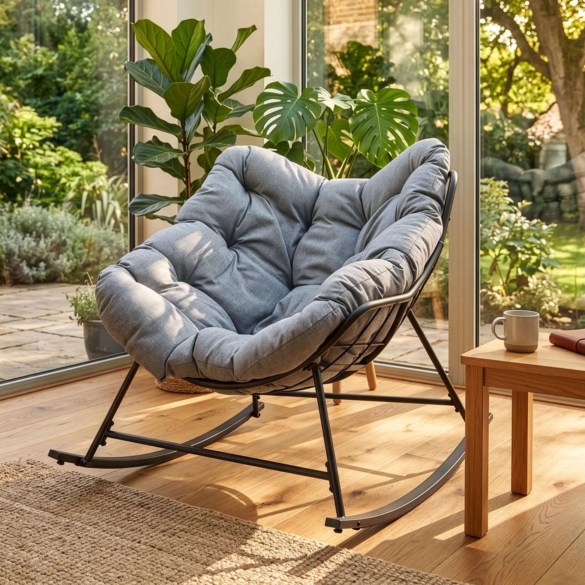 [en.casa] Silla Mecedora Villeneuve con cojín al Aire Libre Acero Gris | balancin jardin exterior 85x90x91cm acero textil máx. 120 kg
