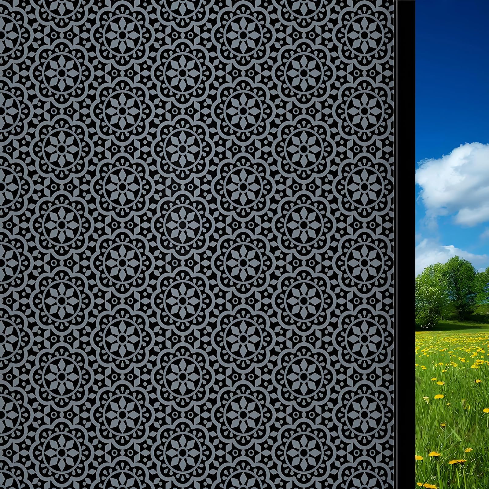 ZHMRROAD Blackout Window Privacy Film Sun Blocking UV Protection Heat Control Static Cling Room Darkening No Glue Removable Decorative for Home Black Flower 17.5 x 78.7 Inch