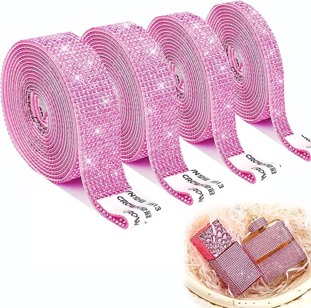 EANLOLY 4 ×Crystal Rhinestone Ribbon, Crystal Self Adhesive Rhinestone, DIY Bling Sticker Rhinestones for Arts Crafts, DIY Event Car Phone Decoration(Pink)