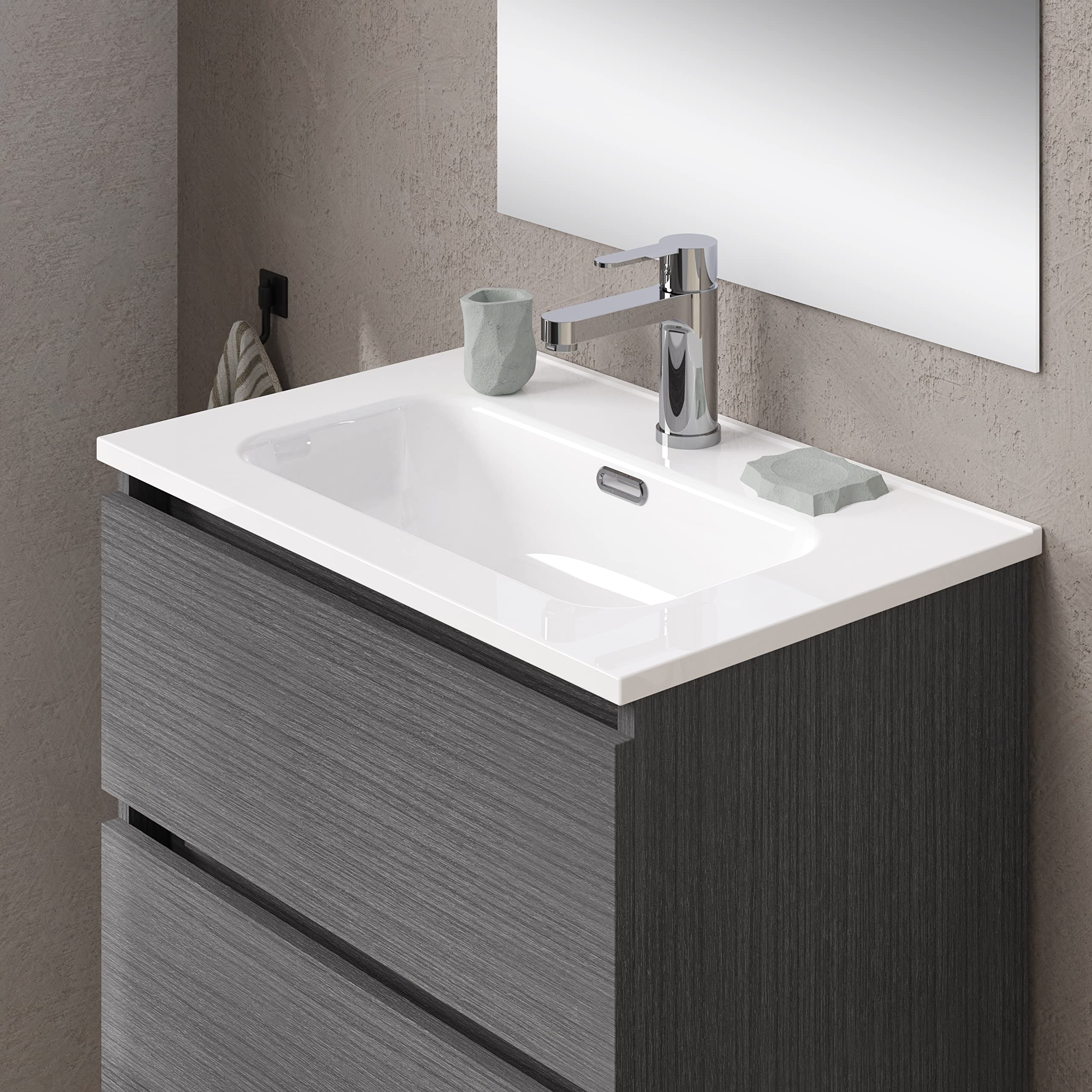 Baikal Conjunto de Mueble de Baño suspendido a la Pared con Fondo reducido, con Lavabo y Espejo, Tres cajones, Medidas de 50cm Ceniza
