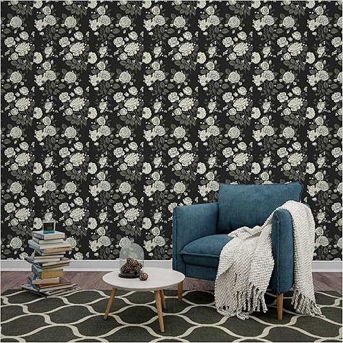 Miniatura 8 de UniGoos Papel tapiz de rosa gris y blanco para despegar y pegar, fondo negro retro, peonía, papel de pared extraíble, papel de contacto autoadhesivo