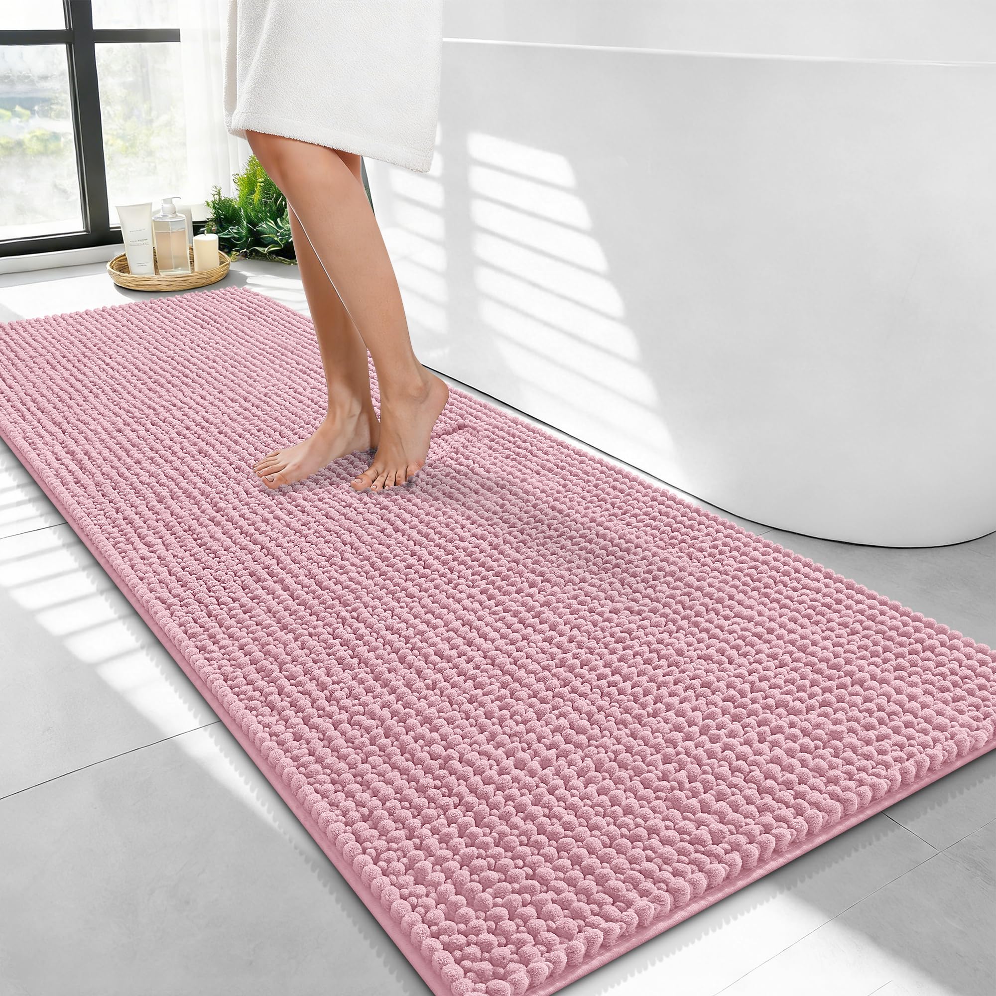 OLANLY Thick Chenille Bathroom Runner Rugs Mats 47x24, Dusty Rose