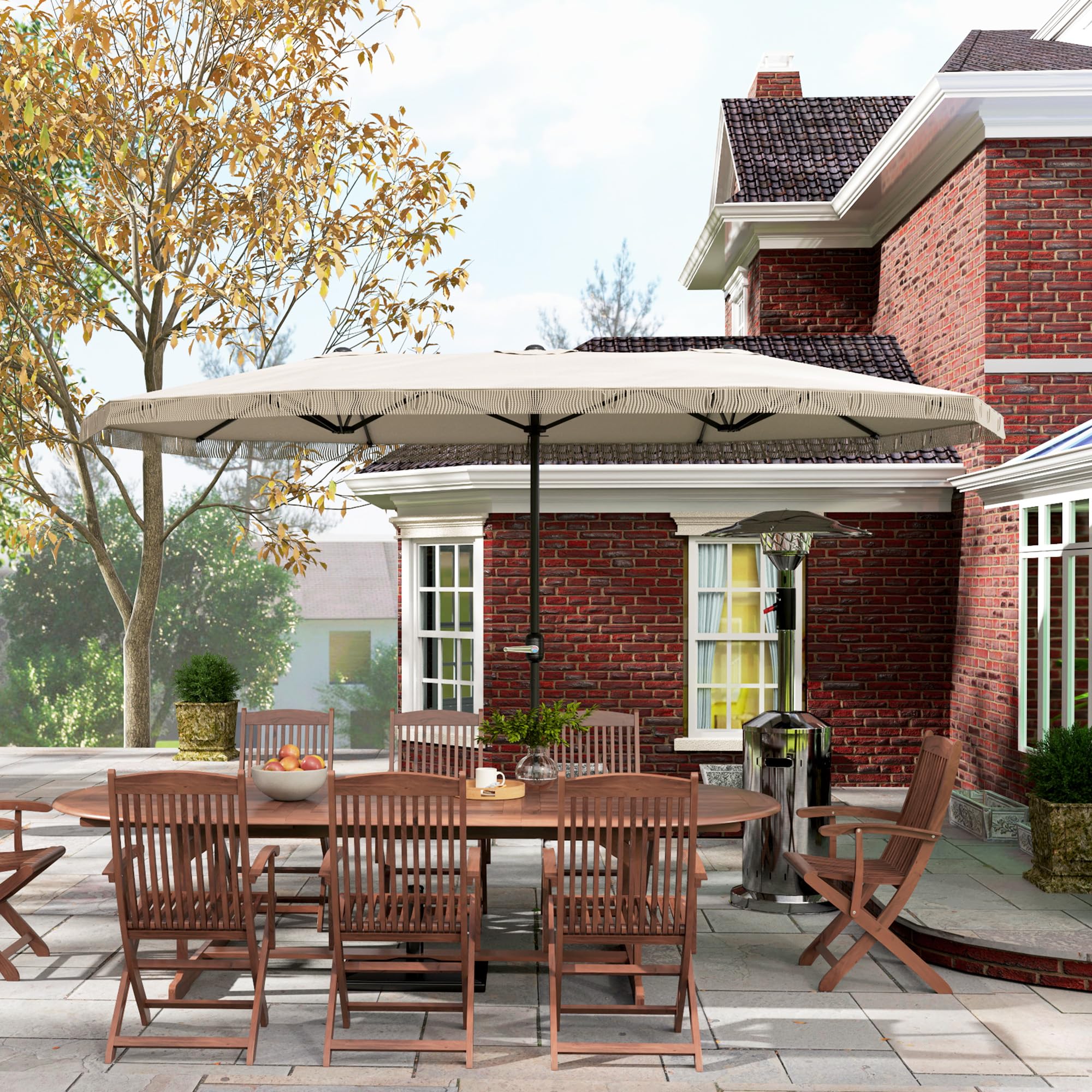 Outsunny Zewnętrzny parasol ogrodowy, podwójny prostokątny, 4,5 x 2,65 x 2,6 m z otworem korbowym i frędzlami, płótno 180 g/m², parasol na balkon, basen, taras, kremowy