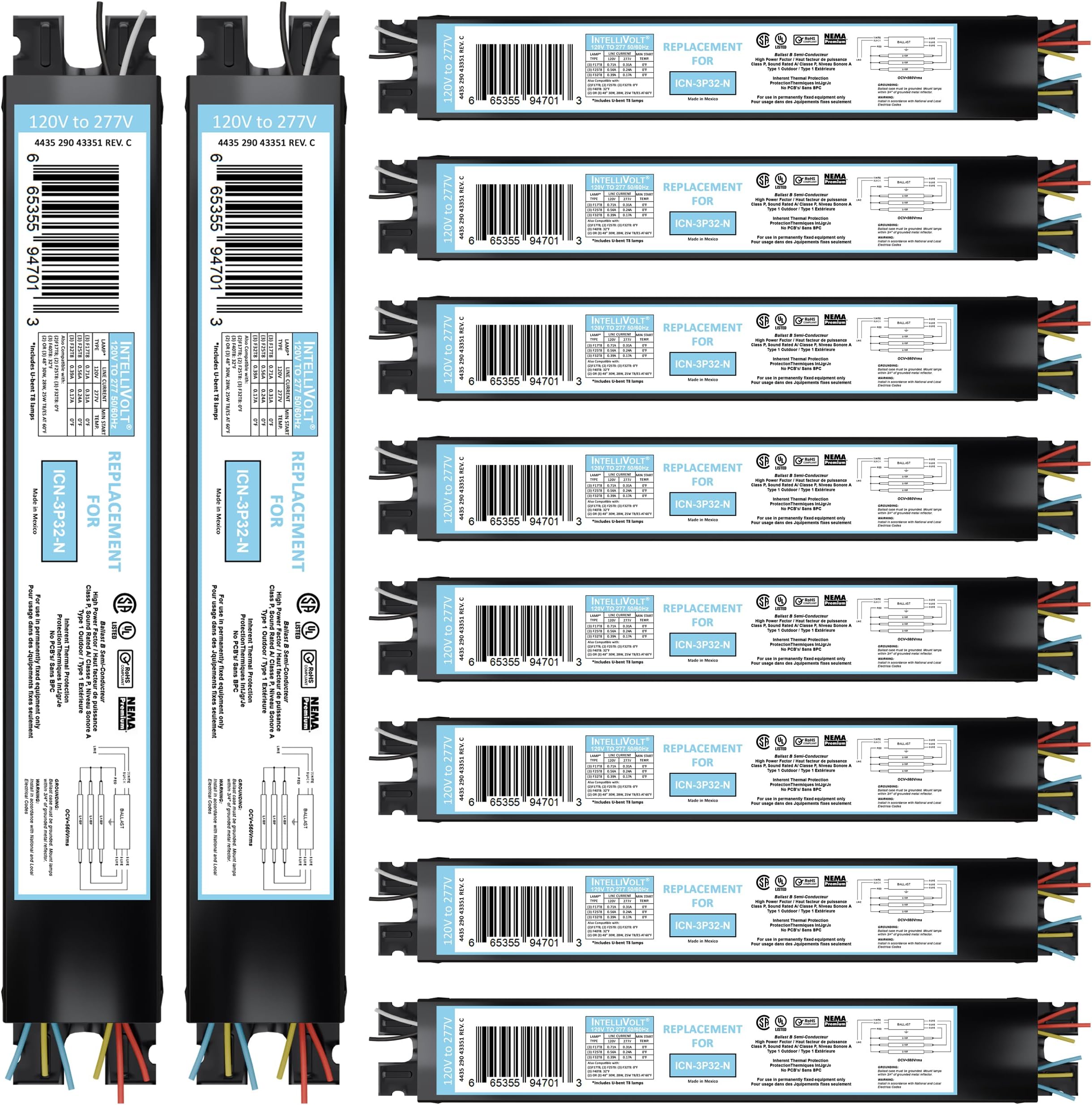 10 Pack - Replacement for ICN-3P32-SC 1, 2 & 3 Lamp T8 Fluorescent Electronic Ballast - 120-277 Volt - Instant Start - UL Approved