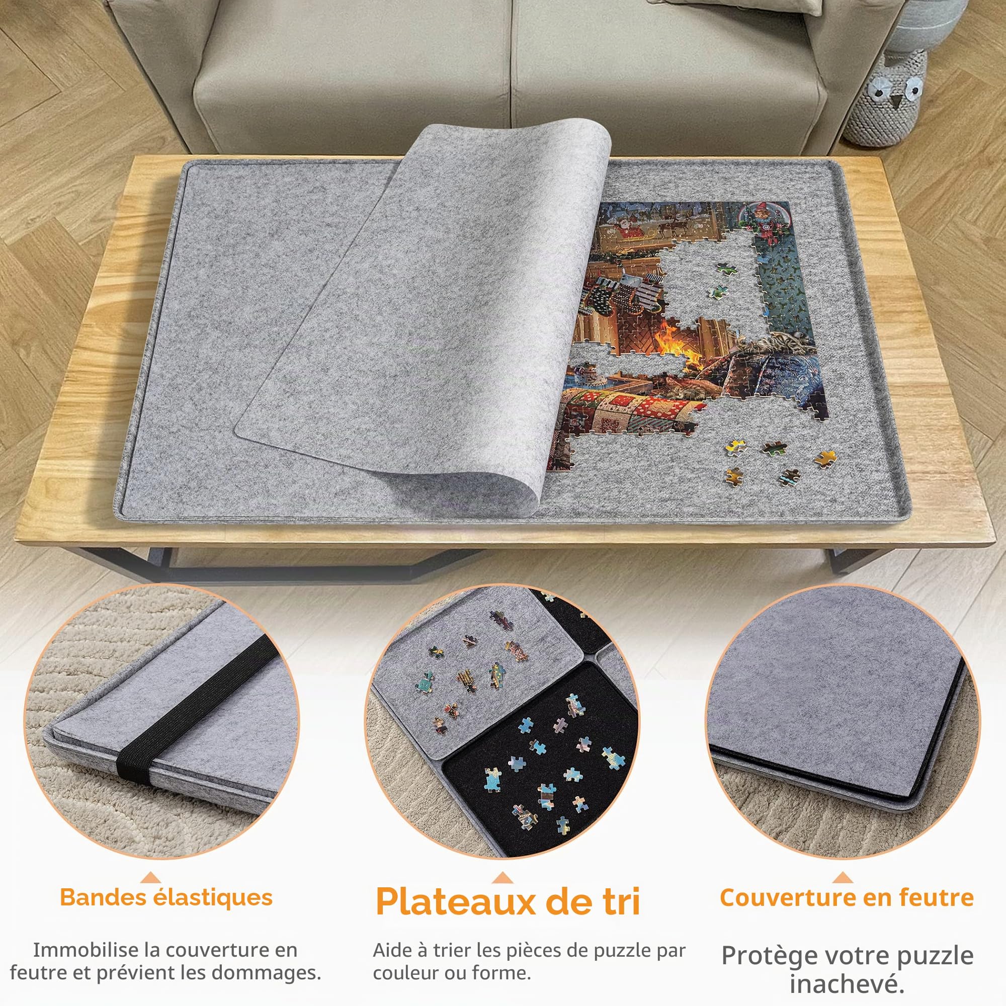 Lavievert Planche de Puzzle Portable avec Housse et 8 Plateaux de Tri - Support de Rangement en Feutre pour Adultes, Jusqu'à 1500 Pièces (Gris)