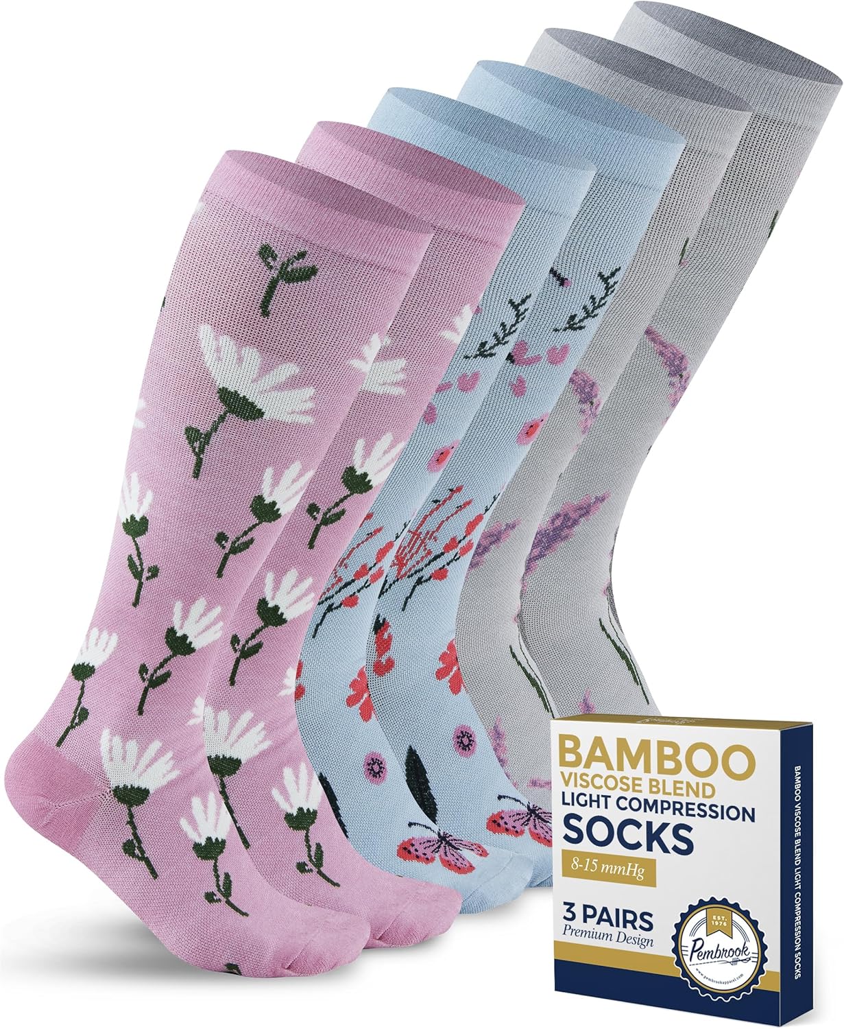 Pembrook Bamboo Viscose Light Compression Socks - 3 Pairs | 8-15 mmhg Compression Socks | Knee High Comfort Support Socks