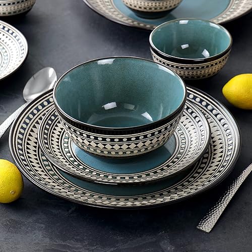 Miniatura 9 de Elama Blue Sage - Vajilla de cerámica de 16 piezas con doble tazón, color azul