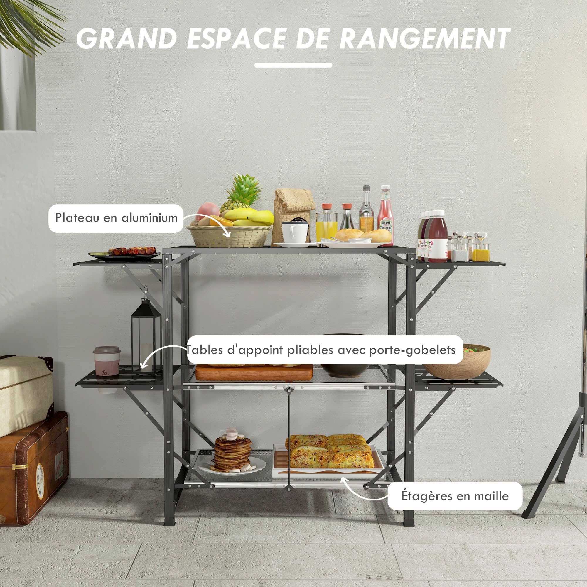 Outsunny Cuisine de Camping Table de Camping Pliante en Acier et Aluminium, avec Sac de Transport, 2 tablettes rabattables, 2 étagères et Porte-gobelets, dim. 126L x 46l x 81H cm