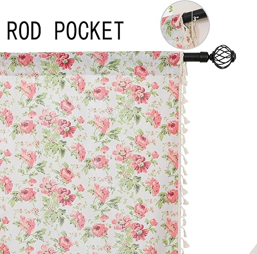 Miniatura 3 de Cenefa de mezcla de lino floral para ventana de 20 pulgadas de largo, cenefas de cortina de cocina con borlas, rosa rosa, retro, elegante, cortinas