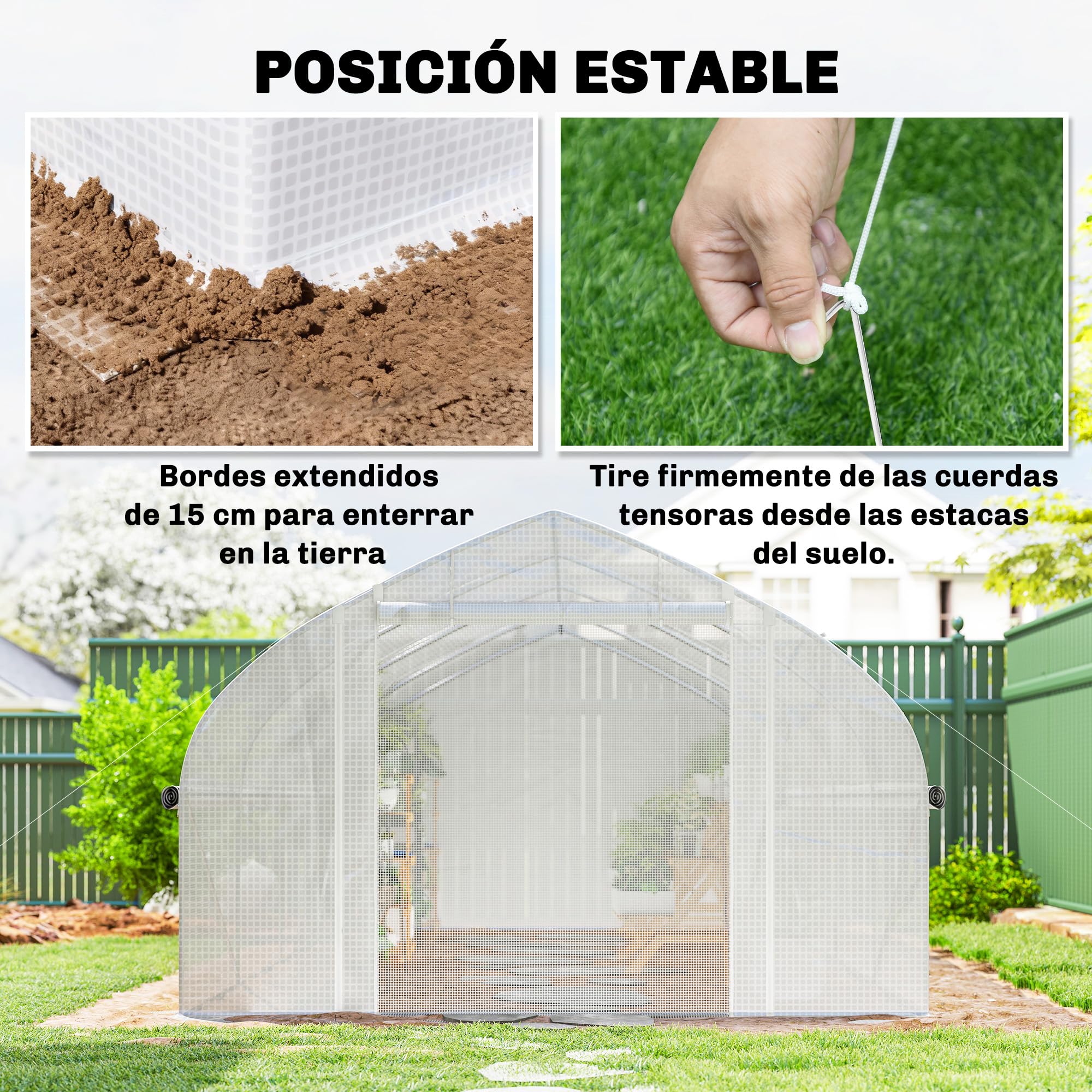 Outsunny Invernadero de Exterior Invernadero de Túnel 6x3x2 m Blanco | 8 Ventanas, Cubierta de PE Anti-UV, Puerta Enrollable con Cremallera, Paredes Laterales con Malla, para Cultivos, Plantas