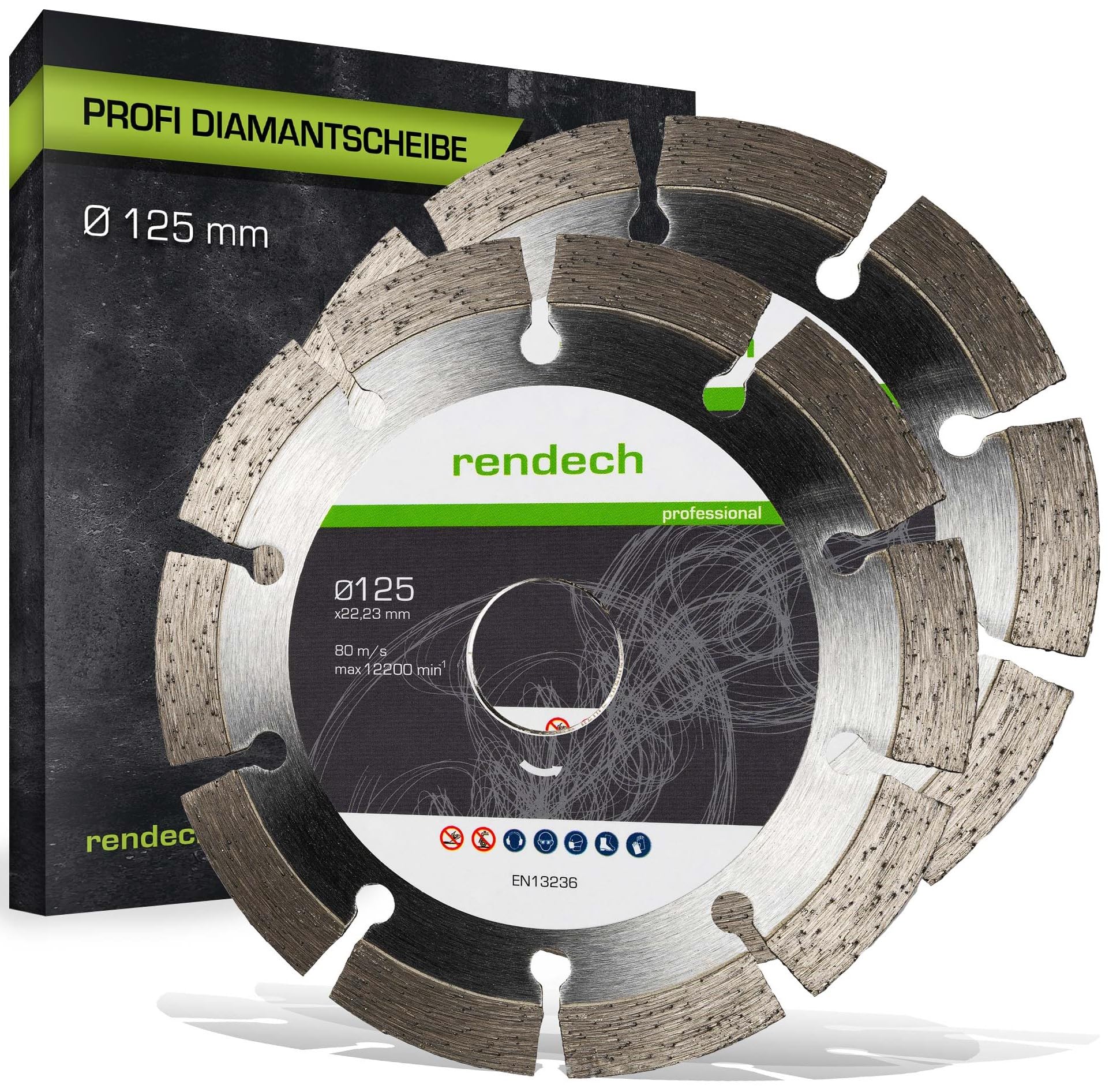 rendech® Profi Diamantscheibe 125mm für Winkelschleifer & Mauernutfräsen - Diamanttrennscheibe für Beton, Mauerwerk, Stein, Granit uvm. | 2er Pack