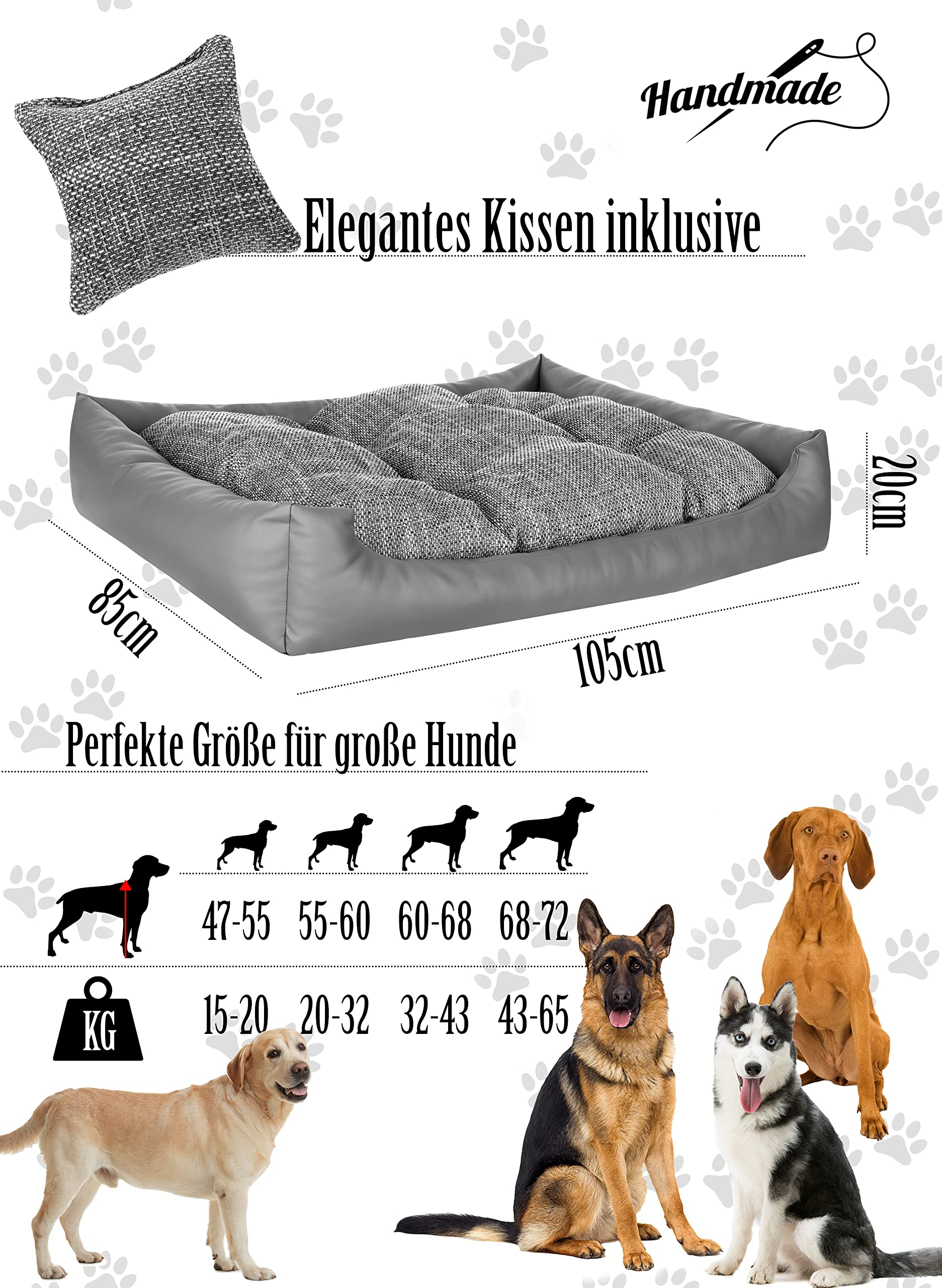 NELKE Hundebett Grosse Hunde Kunstleder Hundekorb Grau Hundekörbchen XXL 100x80cm große waschbar Hundesofa mit Hundekissen orthopädisches Hundecouch kuschelig Dog Bed Large