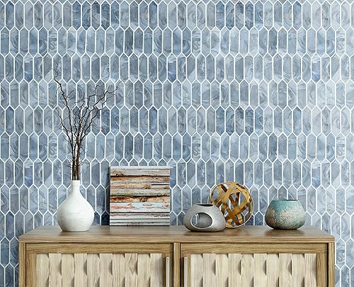 Miniatura 2 de MSI Azulejo de vidrio de piquete azul brillante para pared de baño, Azulejo de salpicaduras de cocina, Azulejo de pared de acento, Azulejo de pared