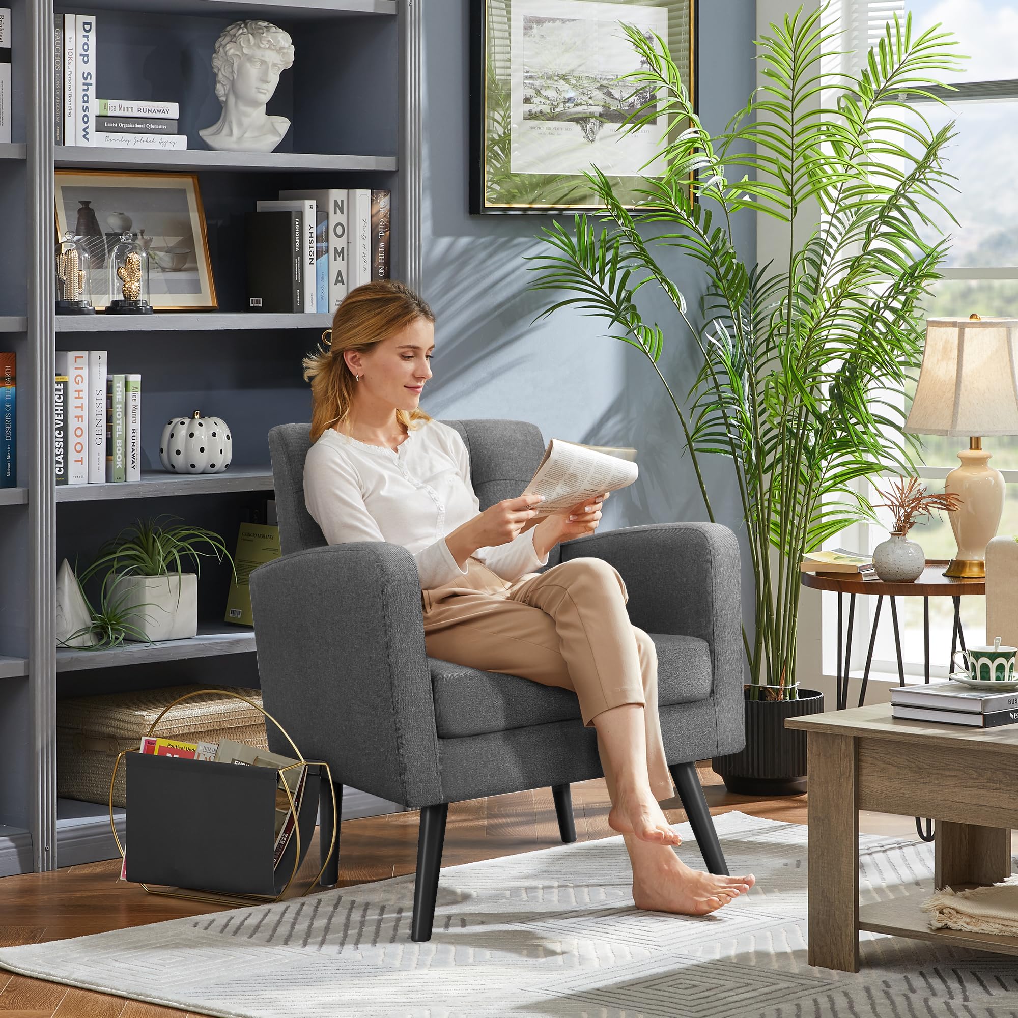 Yaheetech Ohrensessel Sessel mit Armlehnen, Lounge-Sessel Relaxsessel mit getufteter Rückenlehne, Modern Sessel bis136 KG belastbar, für Wohnzimmer, Schlafzimmer, bis136 KG belastbar, Grau