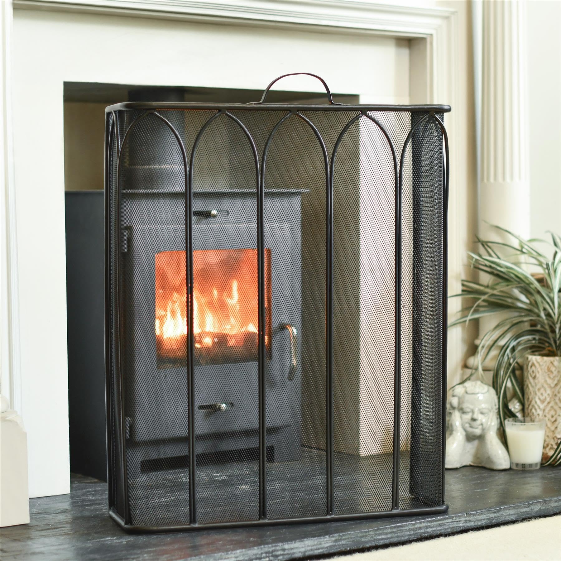 Black Country Metal Works Black "The Towers" Fireguard Fire Screen – Classic Style Mesh Guard For Log Burners & Open Fires – Spark & Debris Protection
