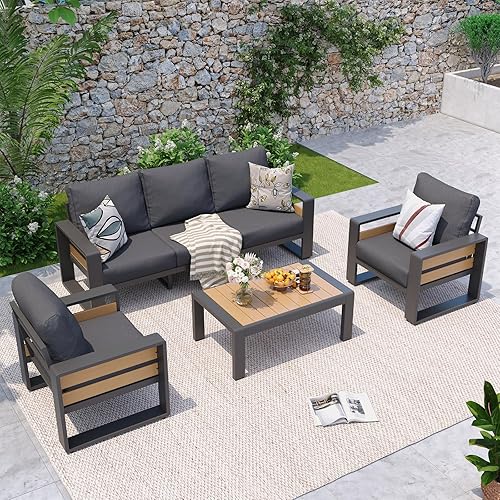 Aoxun Aluminum Patio Furniture Set, 5 Seats Sectional Metal Patio Furniture with Coffee Table, 6'' Thick Cushions and 3-Seat Sofa, Modern Outside Sectional Set for Backyard/Garden/Poolside, Dark Grey