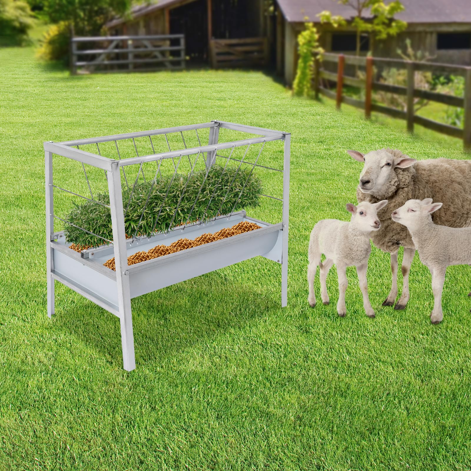 Gran comedero para ganado grande, 2 en 1, heno y alimentador automático de cereales, comedero de doble cara sin desperdiciar comida, alimentador automático, adecuado para caballos, ganado y cabra (200