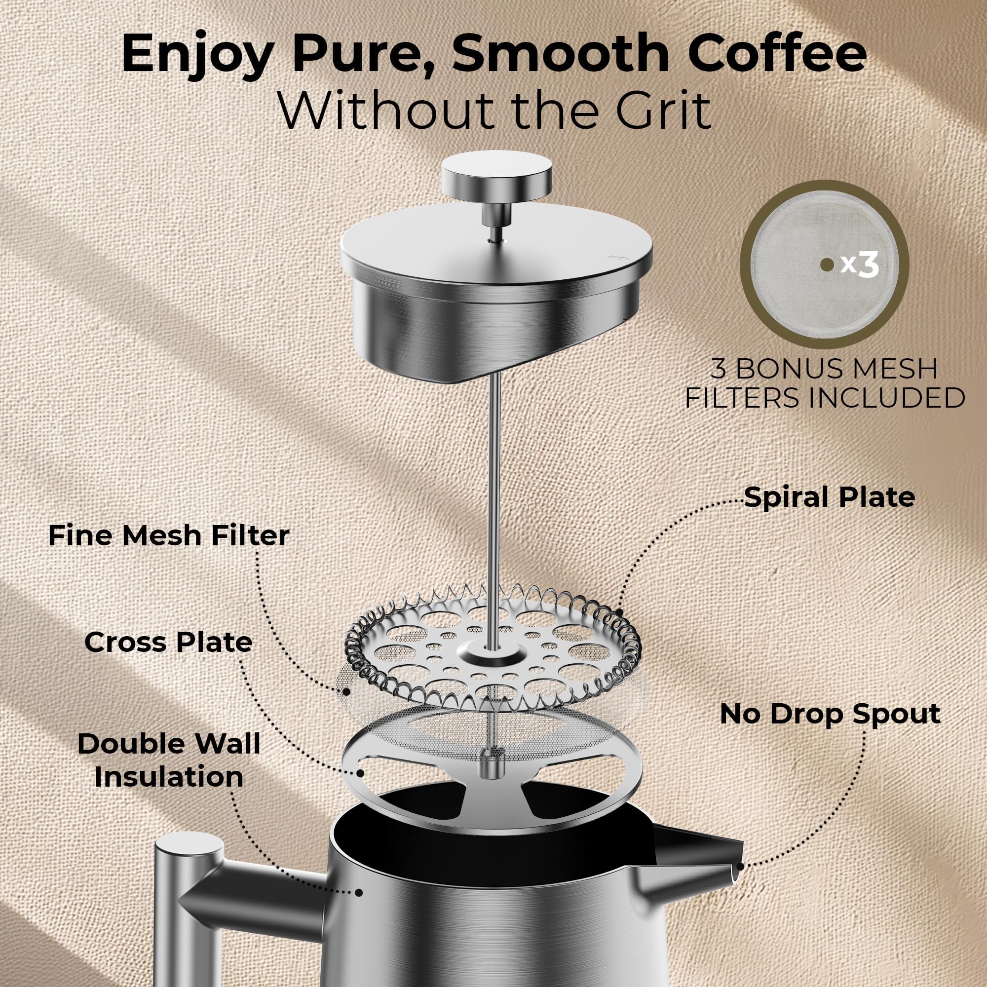 Cafetera de prensa francesa, prensa francesa de acero inoxidable, 34 onzas/1 L, cafetera grande aislada de doble pared con 3 filtros de malla adicionales, acabado satinado, color plateado
