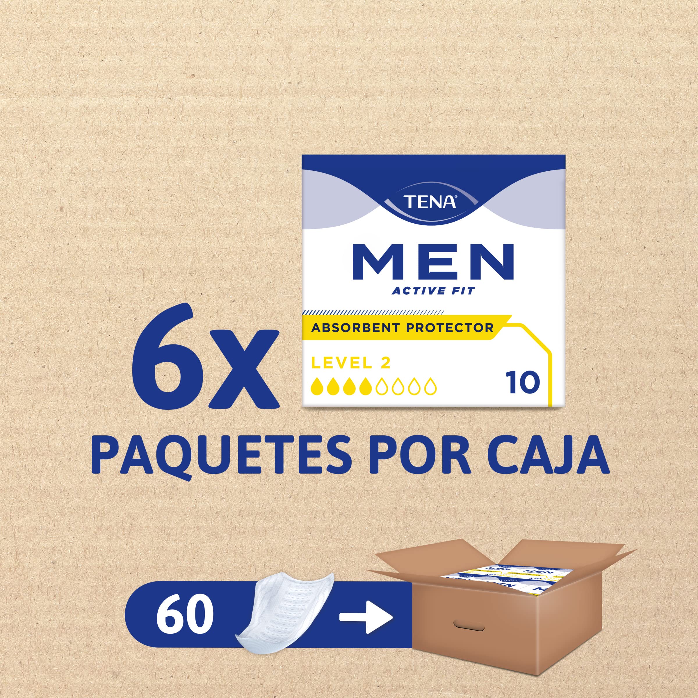 TENA Men Level 2 x60 - Compresa Protectora y Absorbente para Hombre - Para Incontinencia Moderada - Con Zona de Absorción Mejorada - Máxima Discreción - Paquete Mensual (6x10)