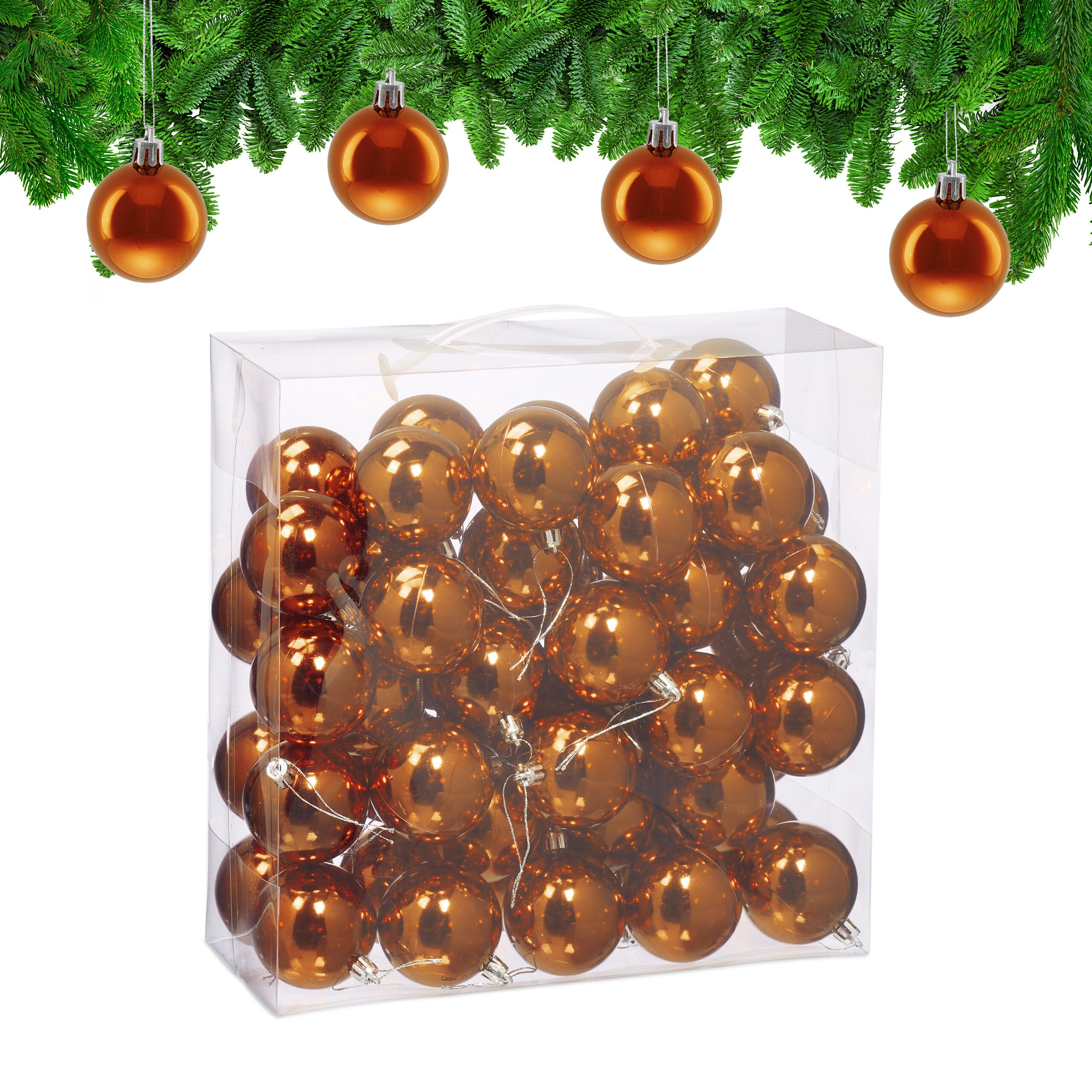 Relaxdays Weihnachtskugeln im 50er Set, Kunststoff, D: 6 cm, Festliche Weihnachtsbaumdeko, Baumschmuck glänzend, orange