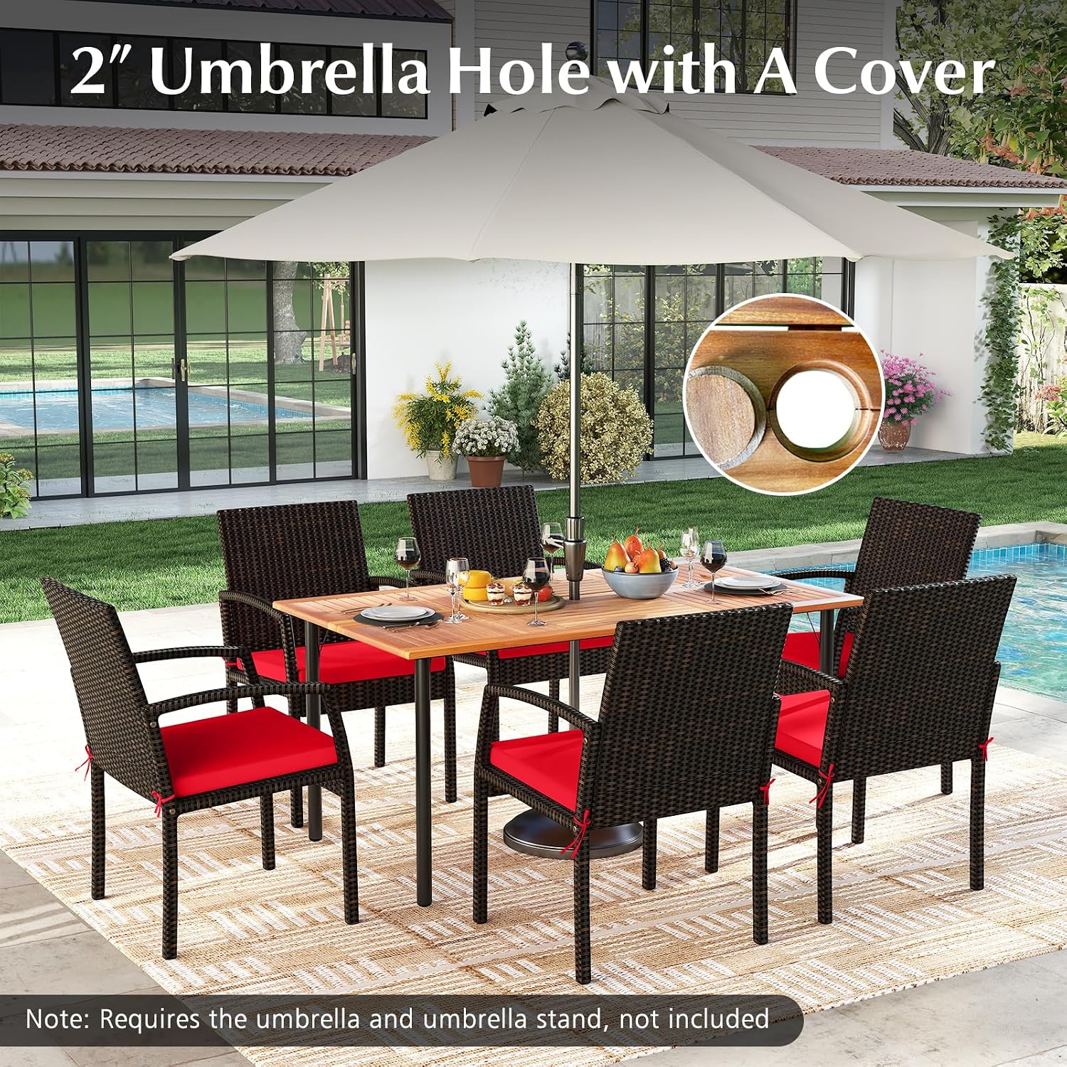 HAPPYGRILL 7-Piece Patio Dining Set Outdoor Rattan Wicker Furniture Set with Umbrella Hole, Steel Frame, Acacia Wood Tabletop & Removable Cushions, for Backyard, Porch, Garden