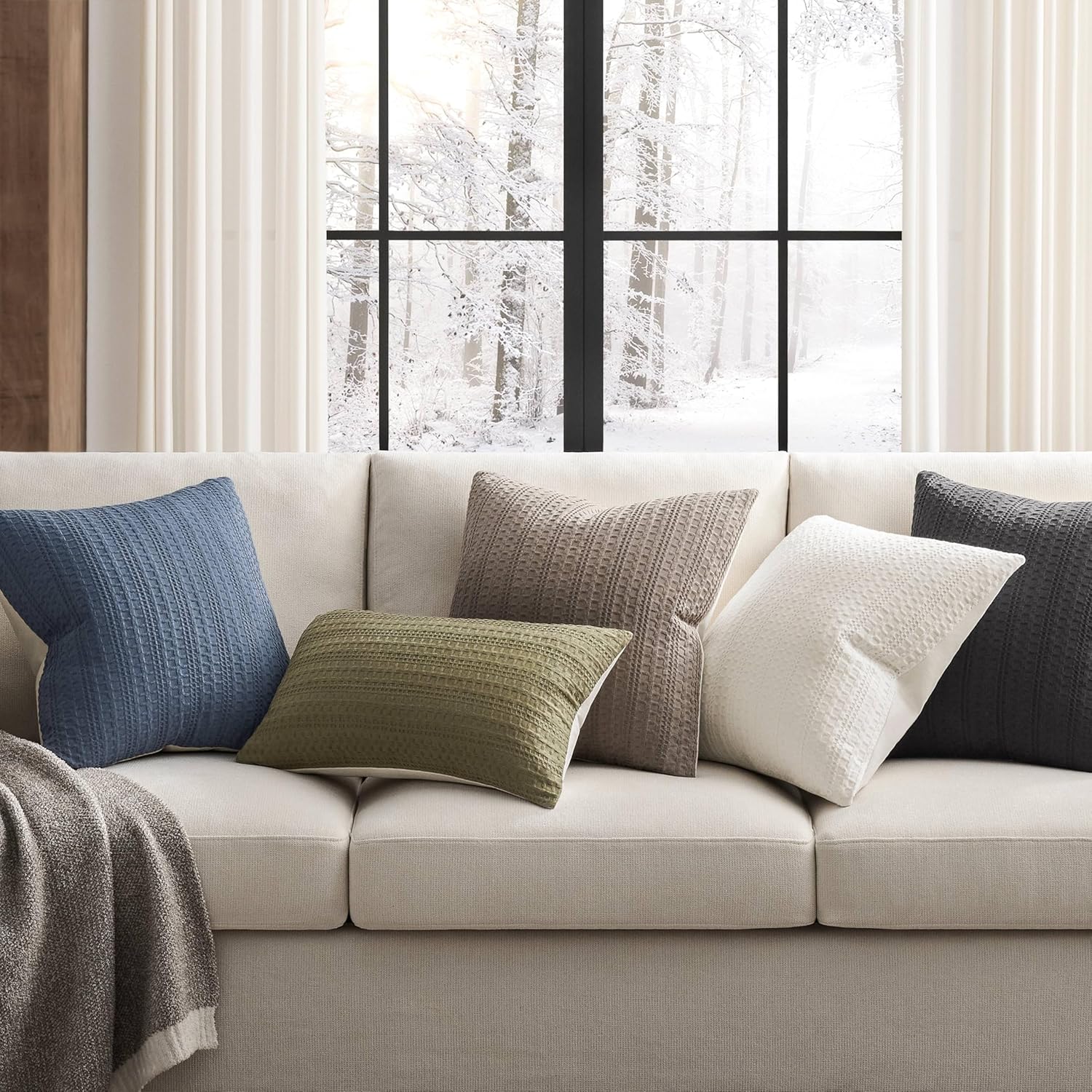 ZeeMart 100% Cotton Waffle Textured Throw Pillow Covers Set of 2, 22x22 Inch Khaki Green, Soft Farmhouse Decorative Couch Pillow Cases Green Cushion Covers for Sofa Bed Living Room Home Decor