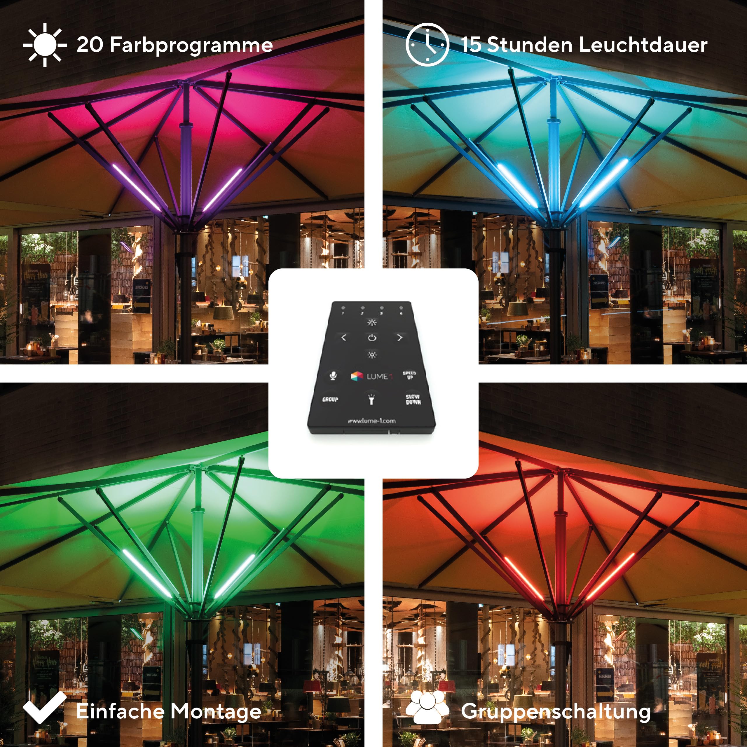 Lume1 Sonnenschirmbeleuchtung mit Fernbedienung, Sonnenschirmleuchter, Lampen für Garten, 2 LED warmweiß Leisten mit 1000 Lumen für angenehme Beleuchtung, Akku enthalten (Smart 2er)