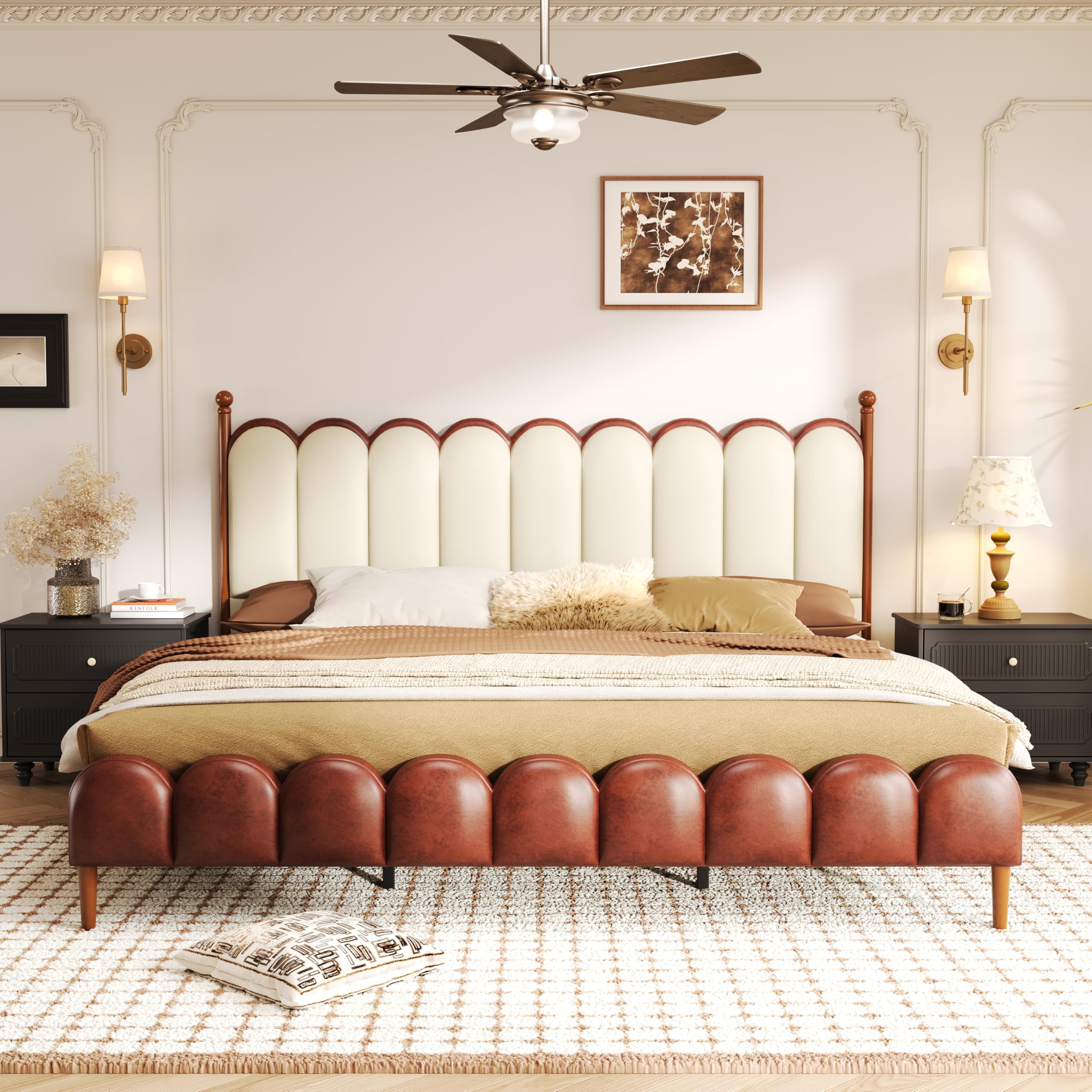 Olimo King Size Platform Bed, Faux Leather Headboard and Footboard, Upholstered Back, Stable Slats Frame Support, No Spring Box Needed, Easy Assembly, 47.7" H Brown+Beige 