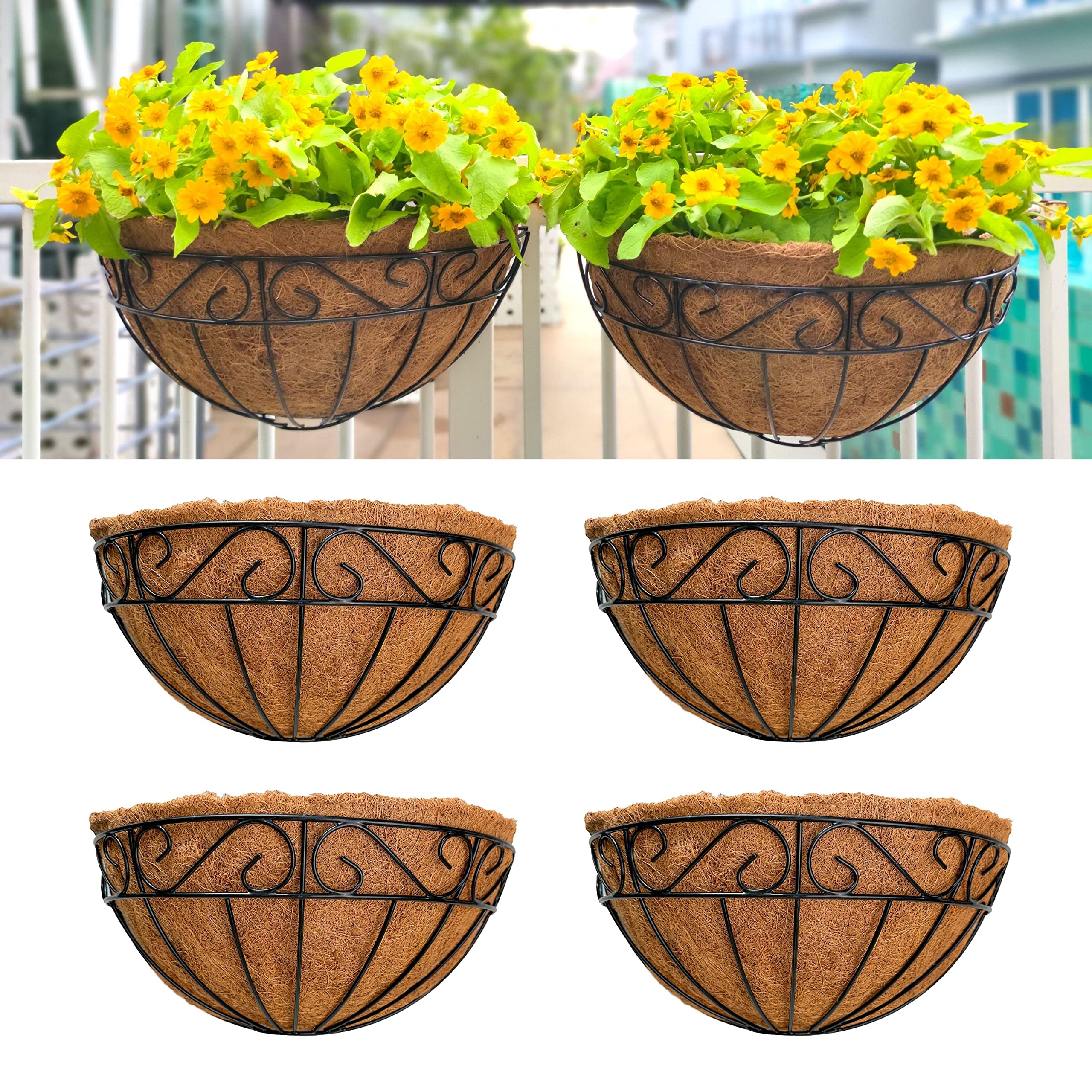 LaLaGreen 16 Inch Wall Mounted Flower Baskets, 4 Pack, Large Railing Planter Deck Rail Hanging Plant Pots Holders with Coco Liner Outdoor, Metal Herb Fence Porch Balcony Garden Patio Window Box Trough