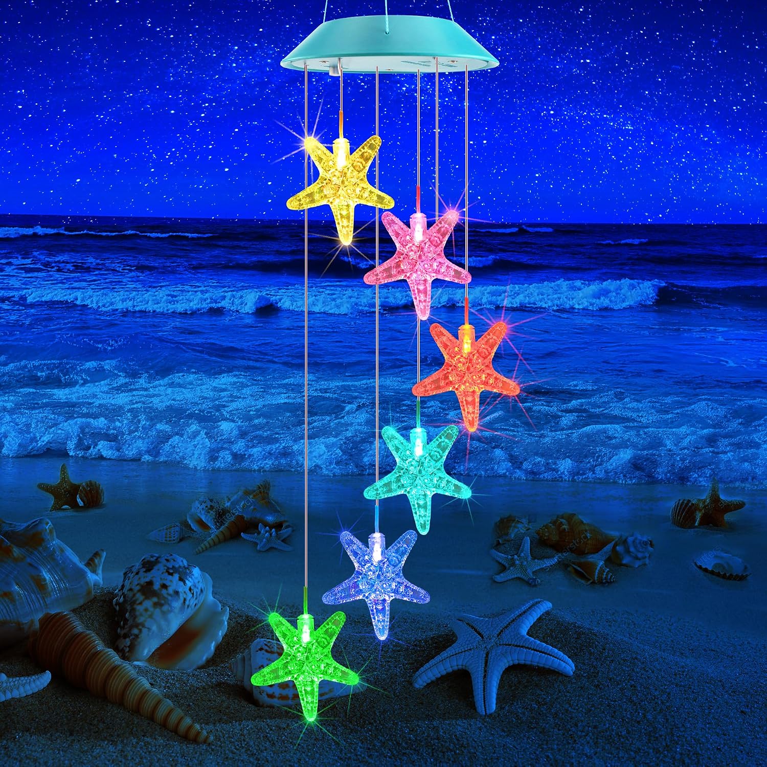 Solar Wind Chimes Outdoor, Color Changing Starfish Gift for Mom Grandma