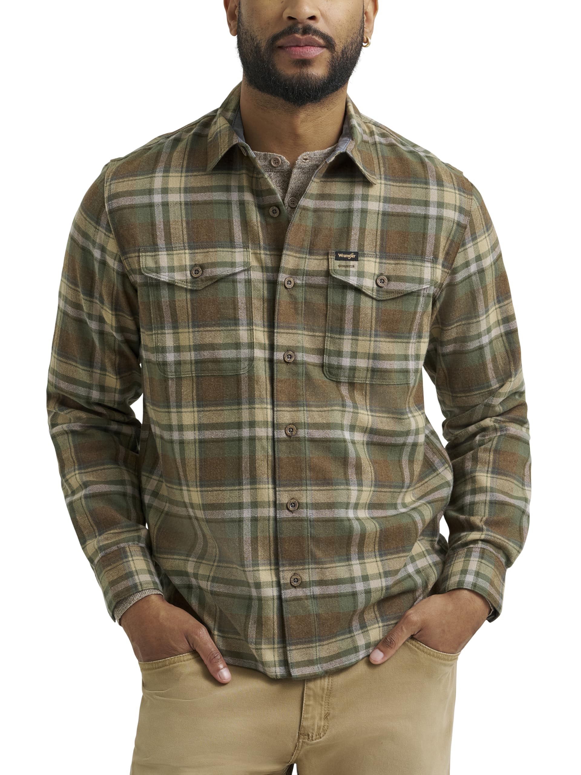 Wrangler Men's Long Sleeve Shirt, Thyme Plaid (Flannel), XXL