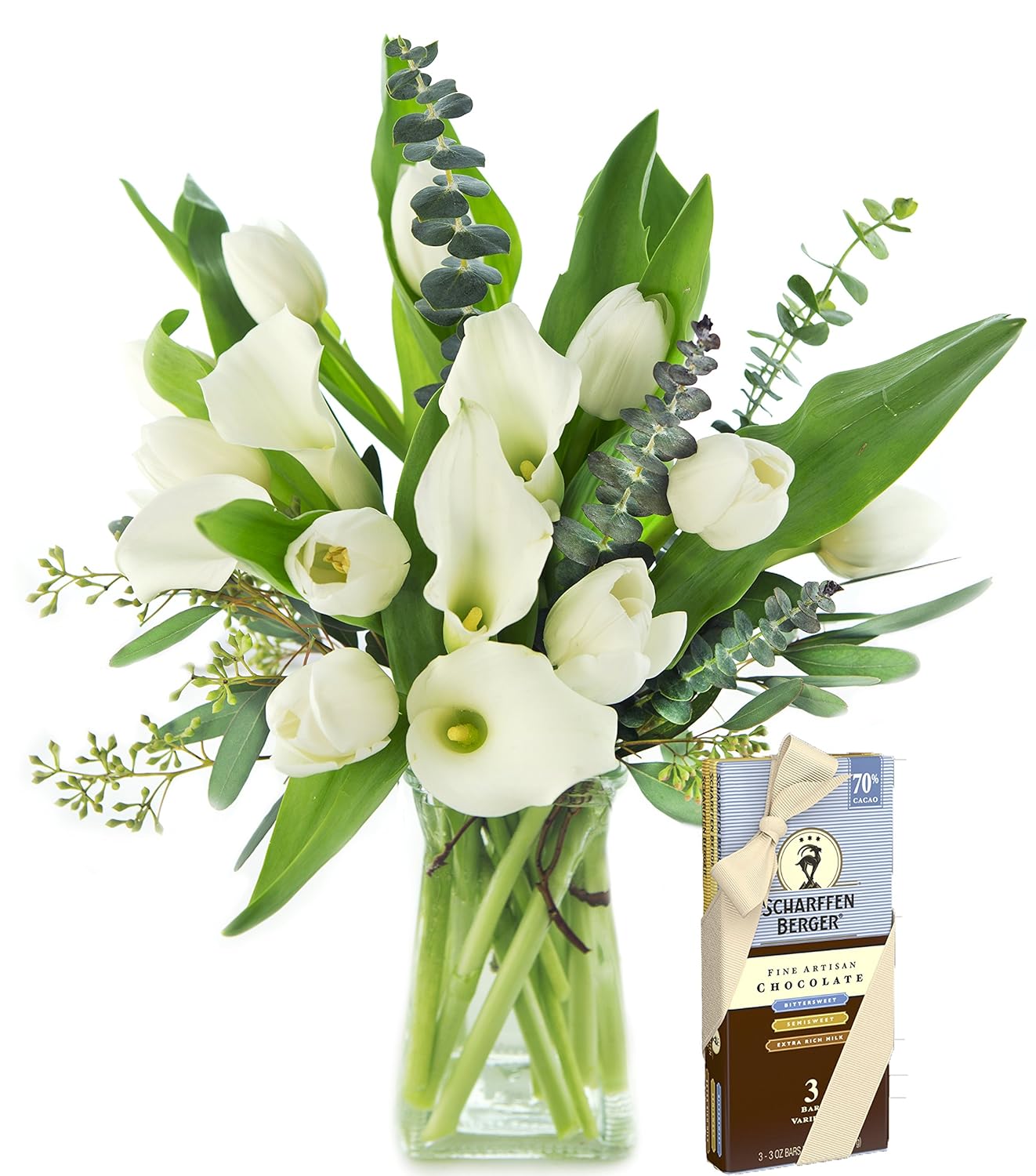 KaBloom PRIME NEXT DAY DELIVERY - Summer Collection - Pure Bliss Tulips and Callas with Vase. Gift for Birthday, Anniversary,Valentine, Mother’s Day Fresh