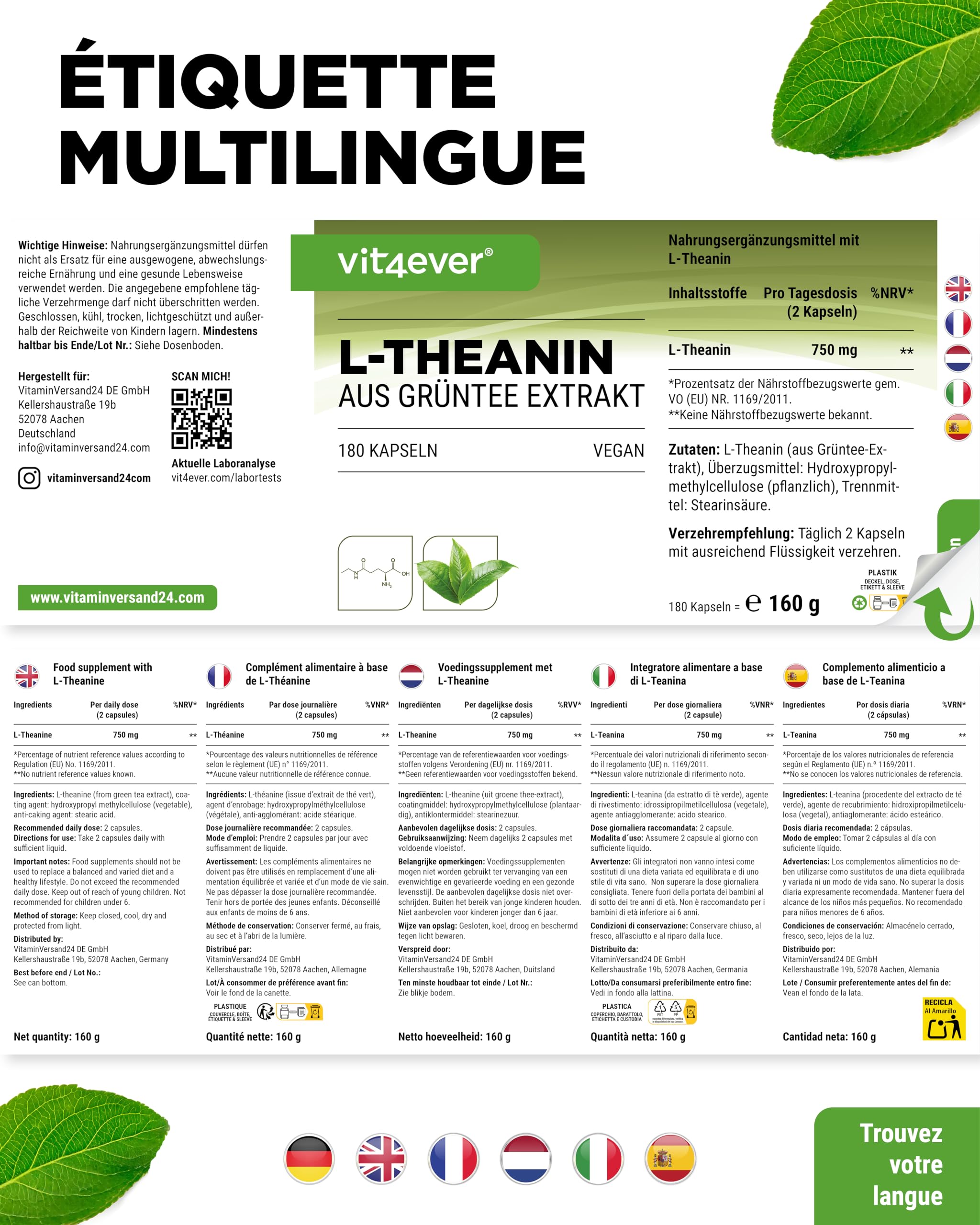 L-Théanine - 180 Gélules - 750 mg par Portion Journalière - à partir d'Extrait Naturel de Thé Vert - Hautement Dosé - Végétalien